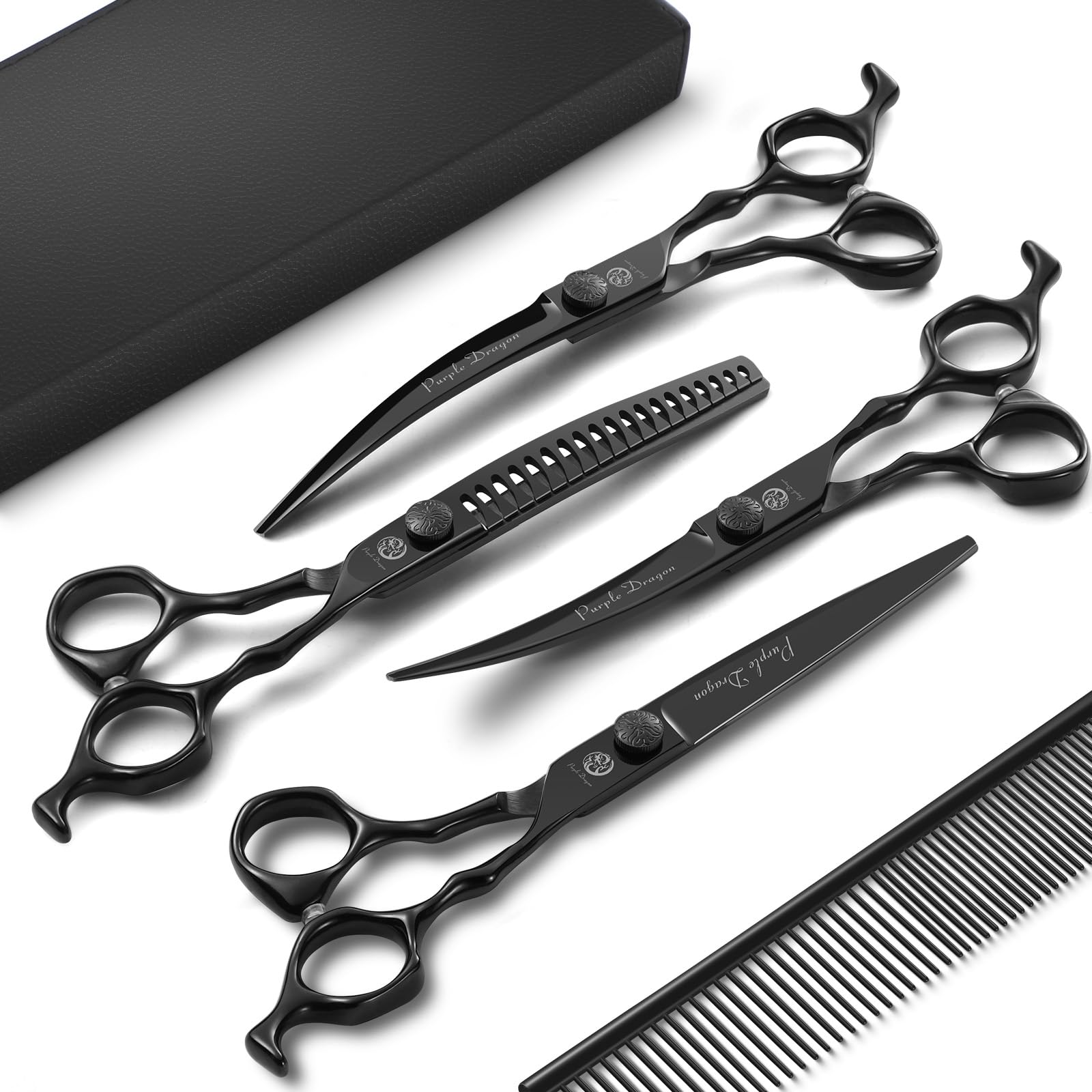 Purple Dragon grooming scissors set with all tools for at-home grooming.