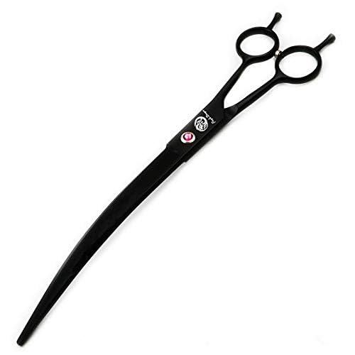 Purple Dragon left- and right-handed grooming scissors with balanced feel for comfort.
