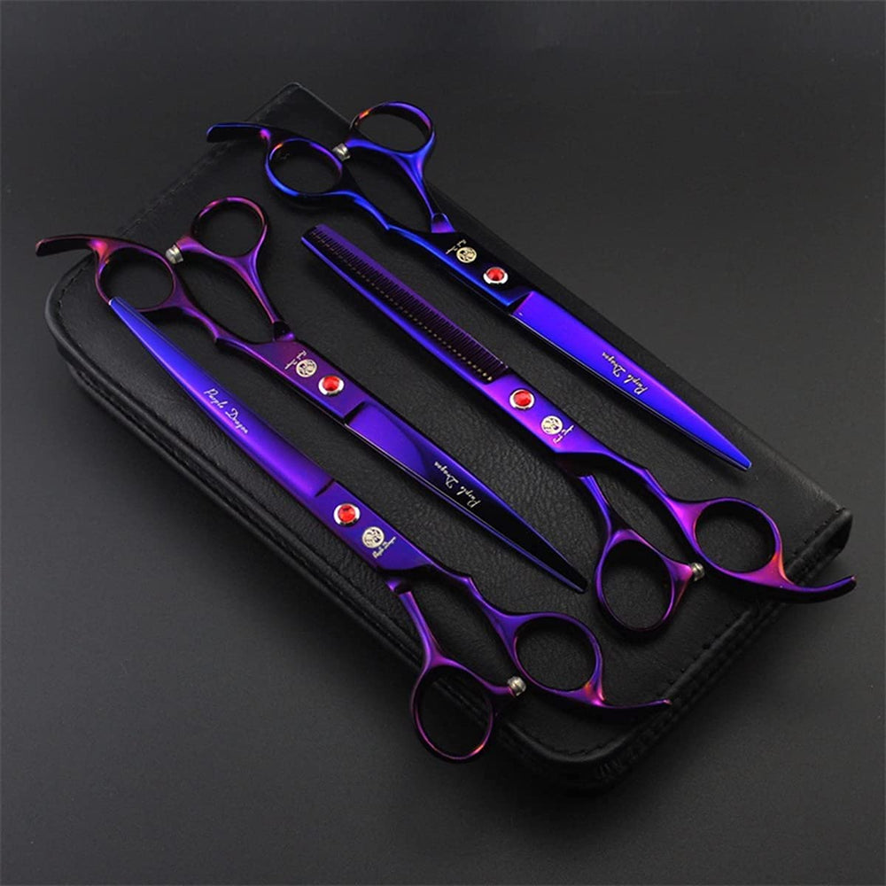 Purple Dragon silent grooming scissors provide quiet operation for sensitive pets.