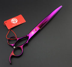 Purple Dragon straight dog shear close-up showing sharp blade for smooth, accurate cuts.