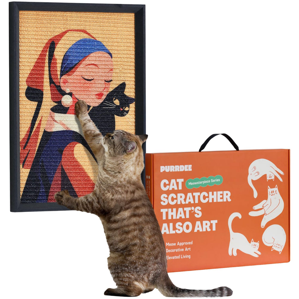PURRDEE Girl with Purr wall art scratcher with 14x20 frame and sisal surface.