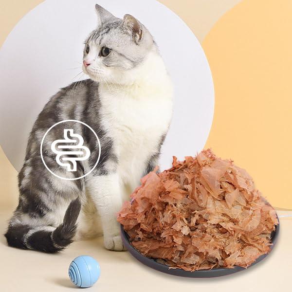 Pet shows shine in coat after feeding Purrfect Paws Bonito Flakes.