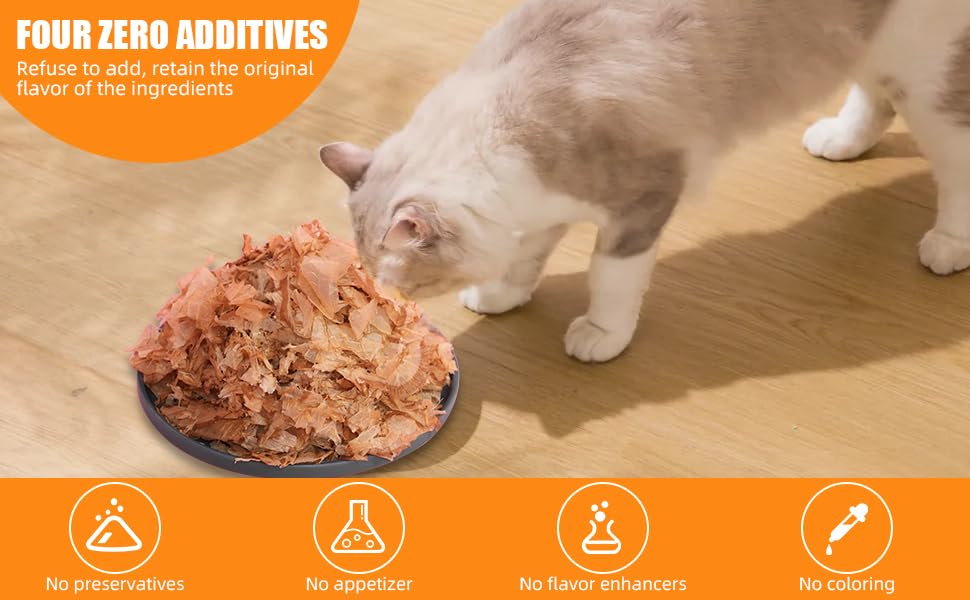 Cat and dog enjoy Purrfect Paws Bonito Flakes in a dish.