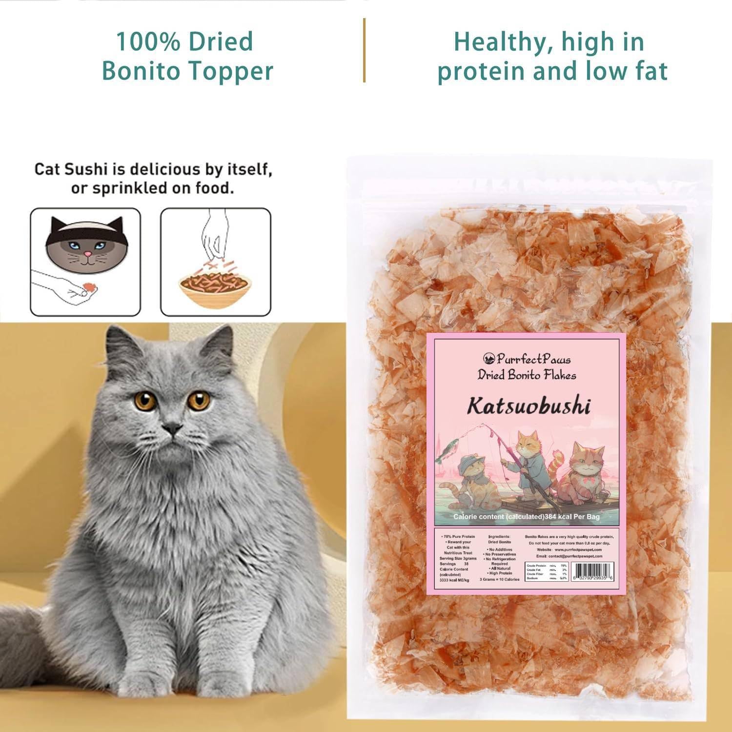 Handful of Purrfect Paws Bonito Flakes highlights texture and aroma for pets.