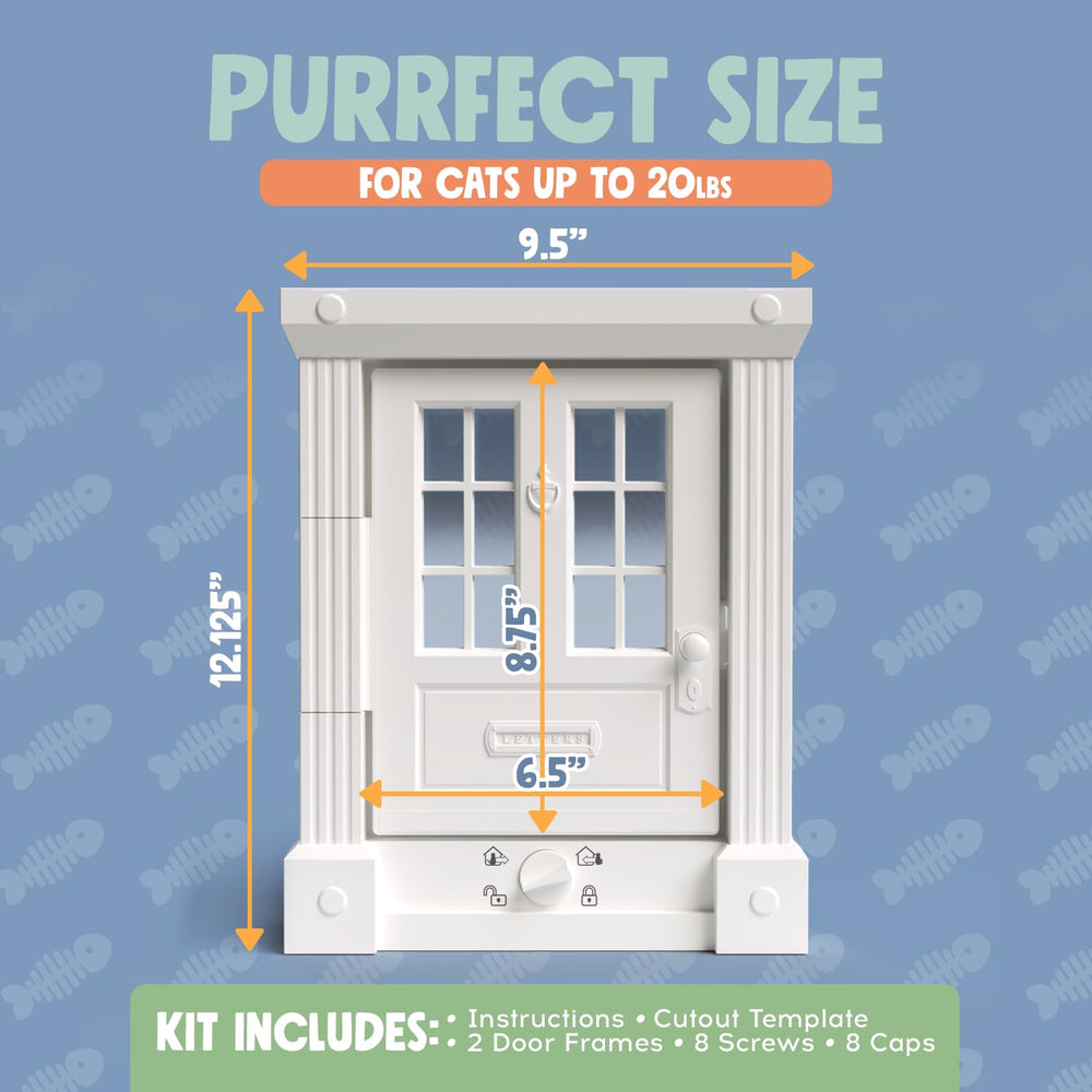 Purrfect Portal DIY kit includes template and hardware for quick installation under 30 minutes.