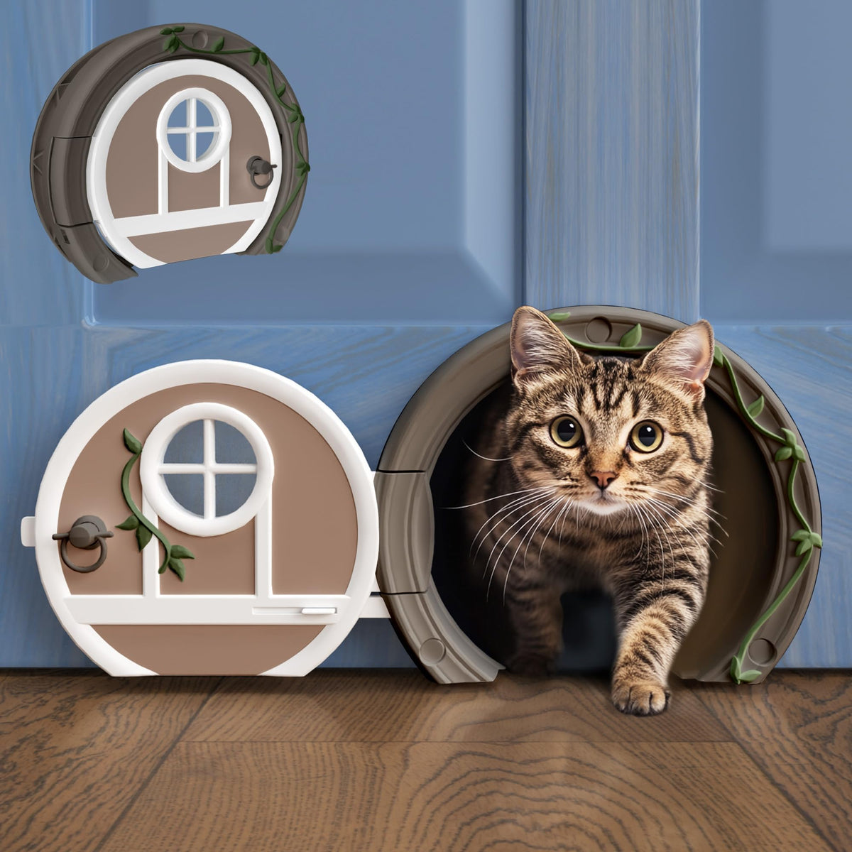 Purrfect Portal gnome door cat door close-up showcasing whimsical design and interior privacy.