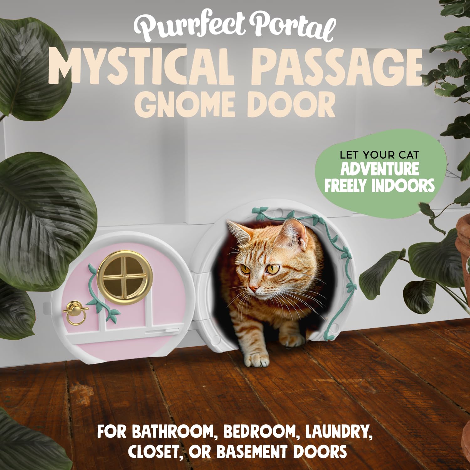 Purrfect Portal Gnome Door conceals litter area behind the door to reduce mess.
