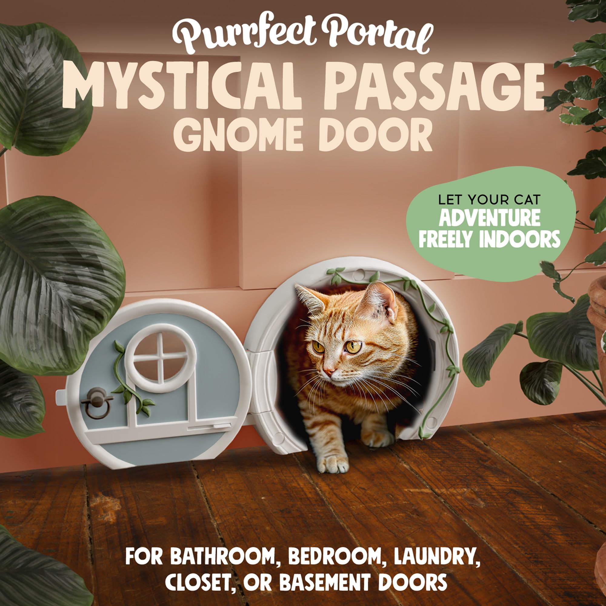 Purrfect Portal Gnome Door in-use view highlights easy installation and private entry.