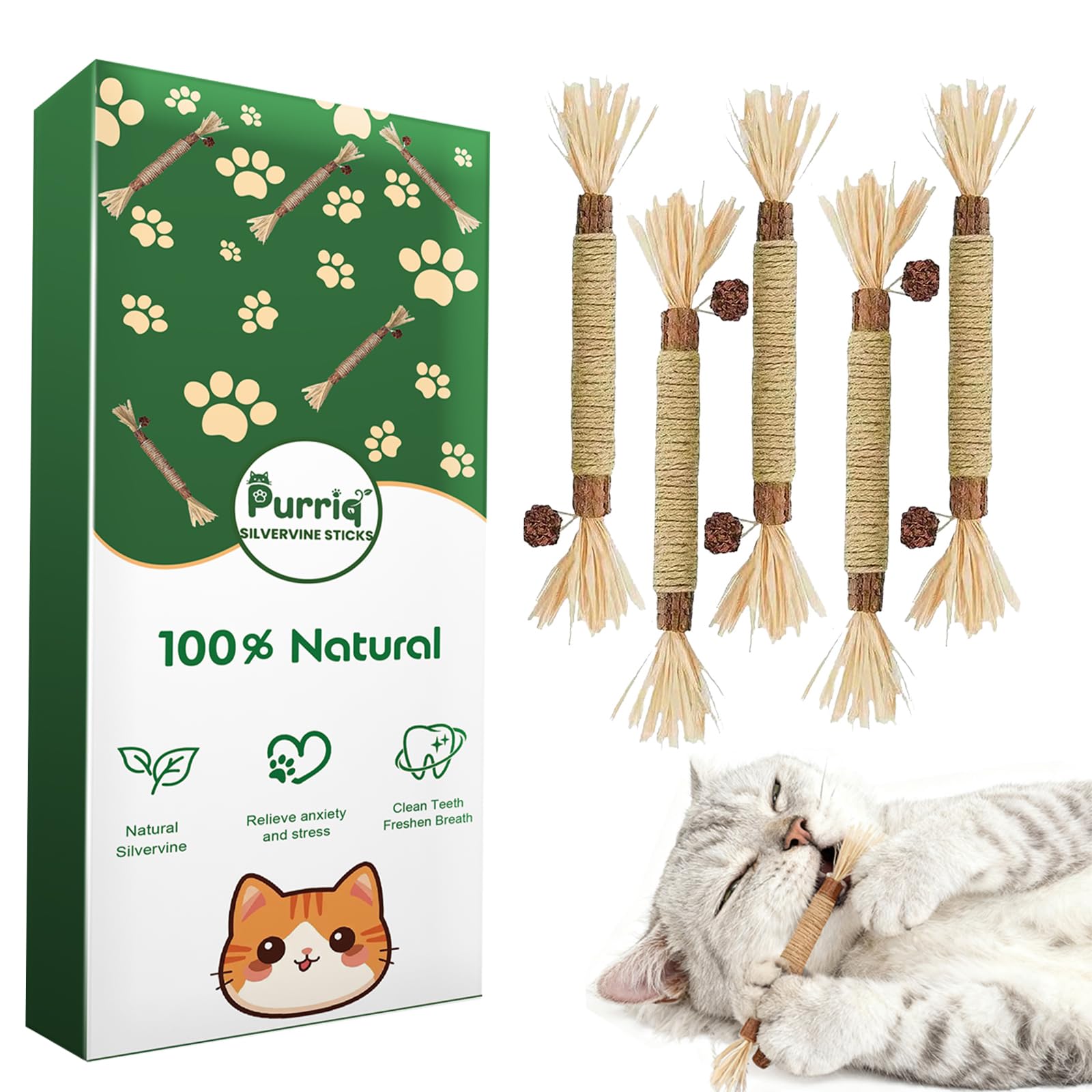 Purriq Silvervine dental stick wood for safe tooth-cleaning during calm indoor play.