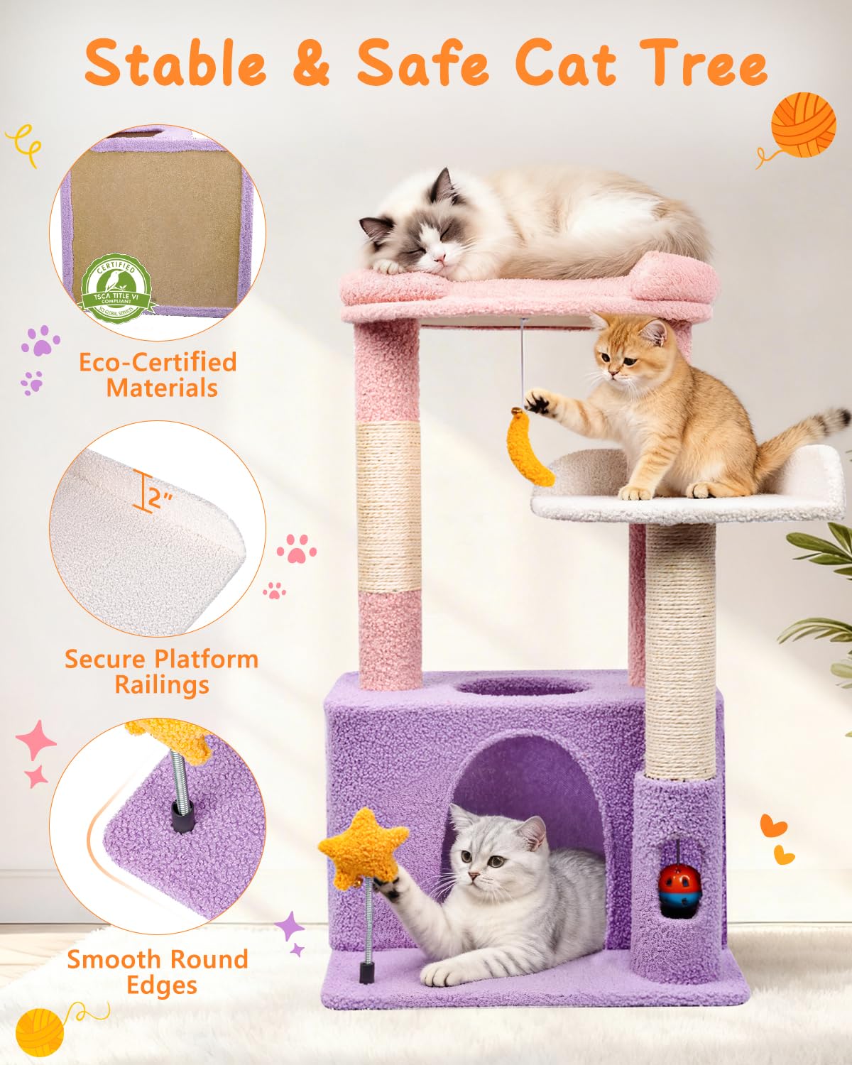Purrlato Moonlit Violet cat tower wobble-free base enhances stability