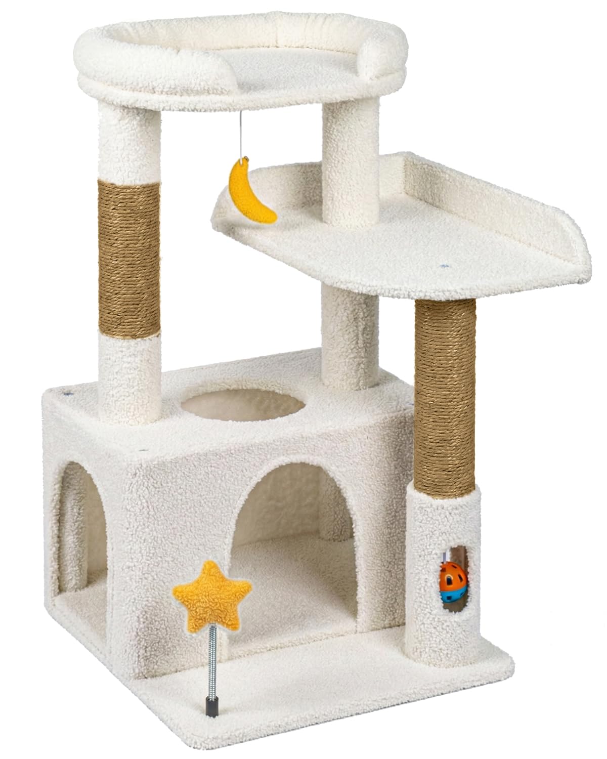 Purrlato self-grooming brush integrated on the tall cat tree for quick brushing.