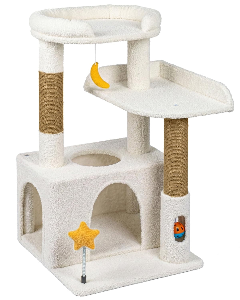 Purrlato self-grooming brush integrated on the tall cat tree for quick brushing.