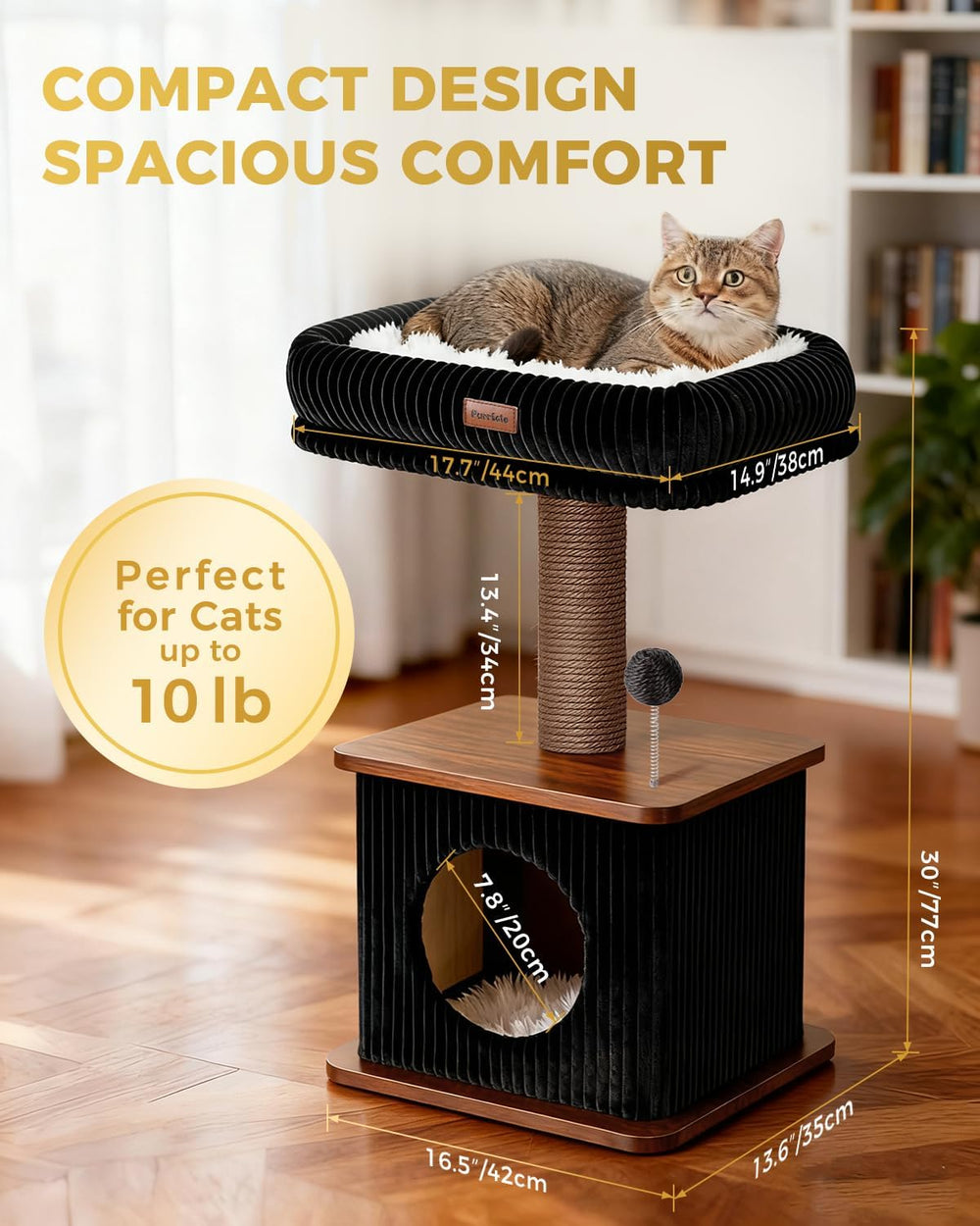 Purrlato cat tree with sisal posts supports healthy scratching and furniture protection.