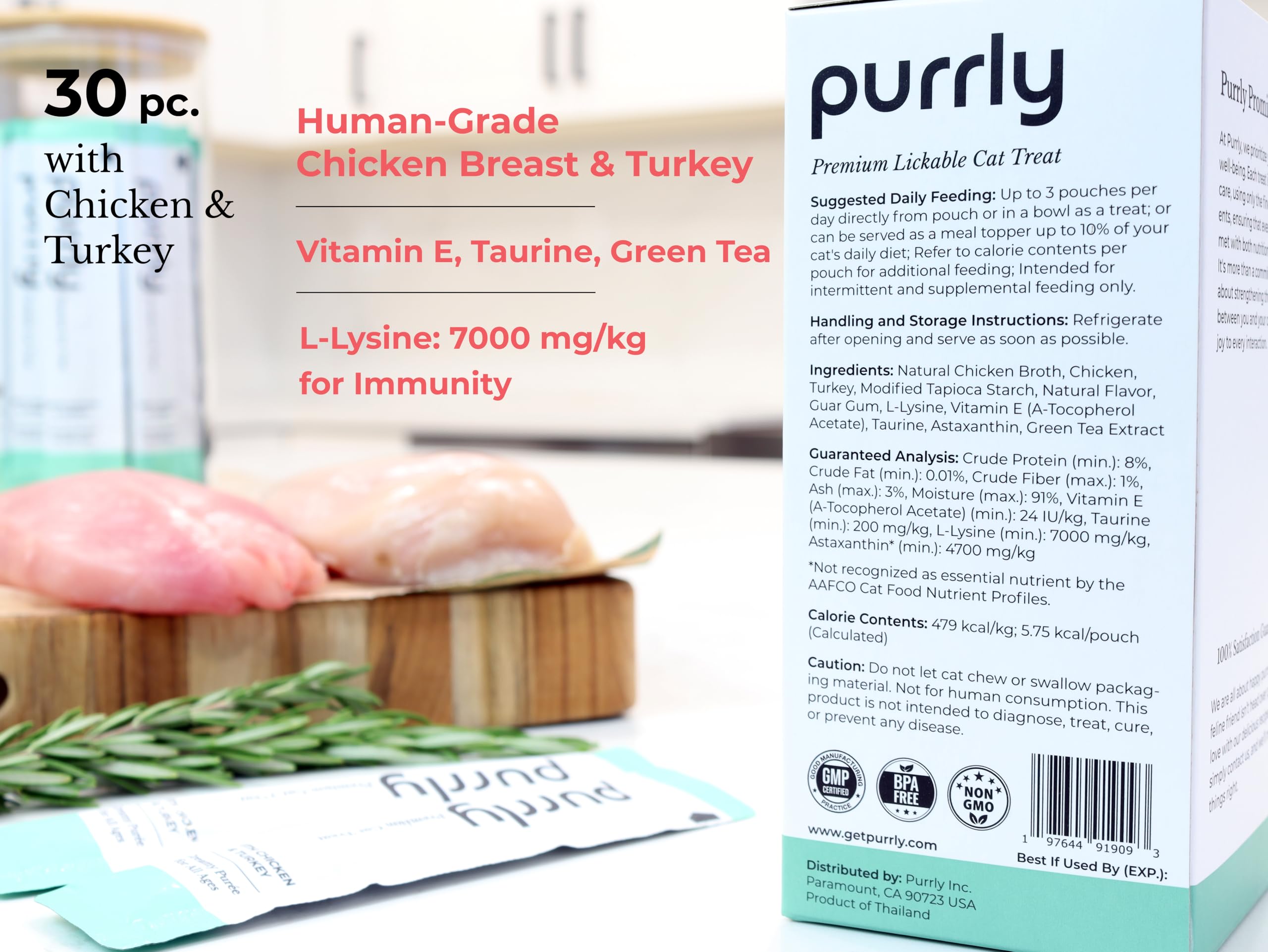 Purrly clean ingredients pouch highlights grain-free and preservative-free formula.