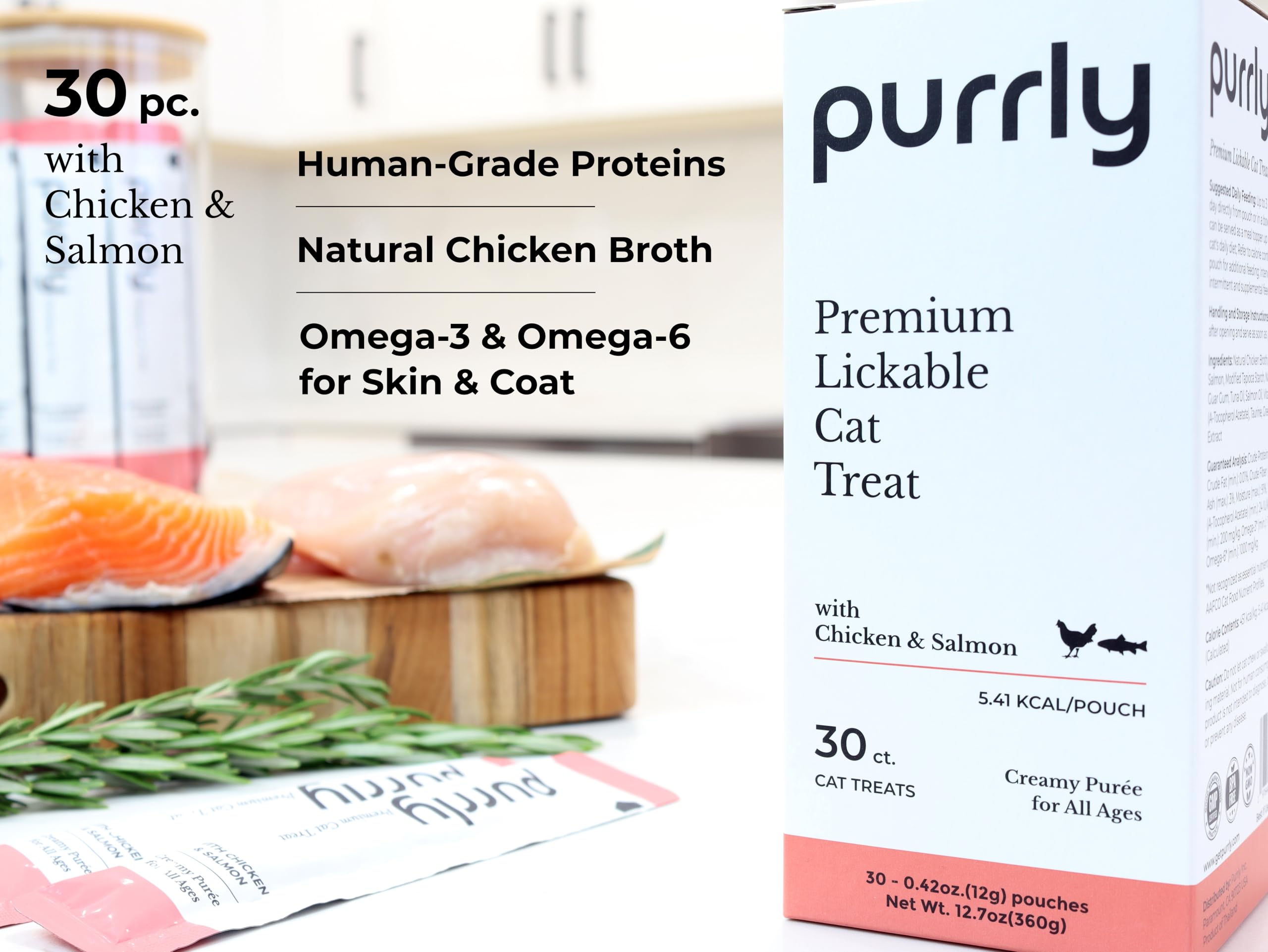 Purrly creamy purée pouch being squeezed to serve high-quality protein.