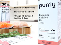 Purrly creamy purée pouch being squeezed to serve high-quality protein.