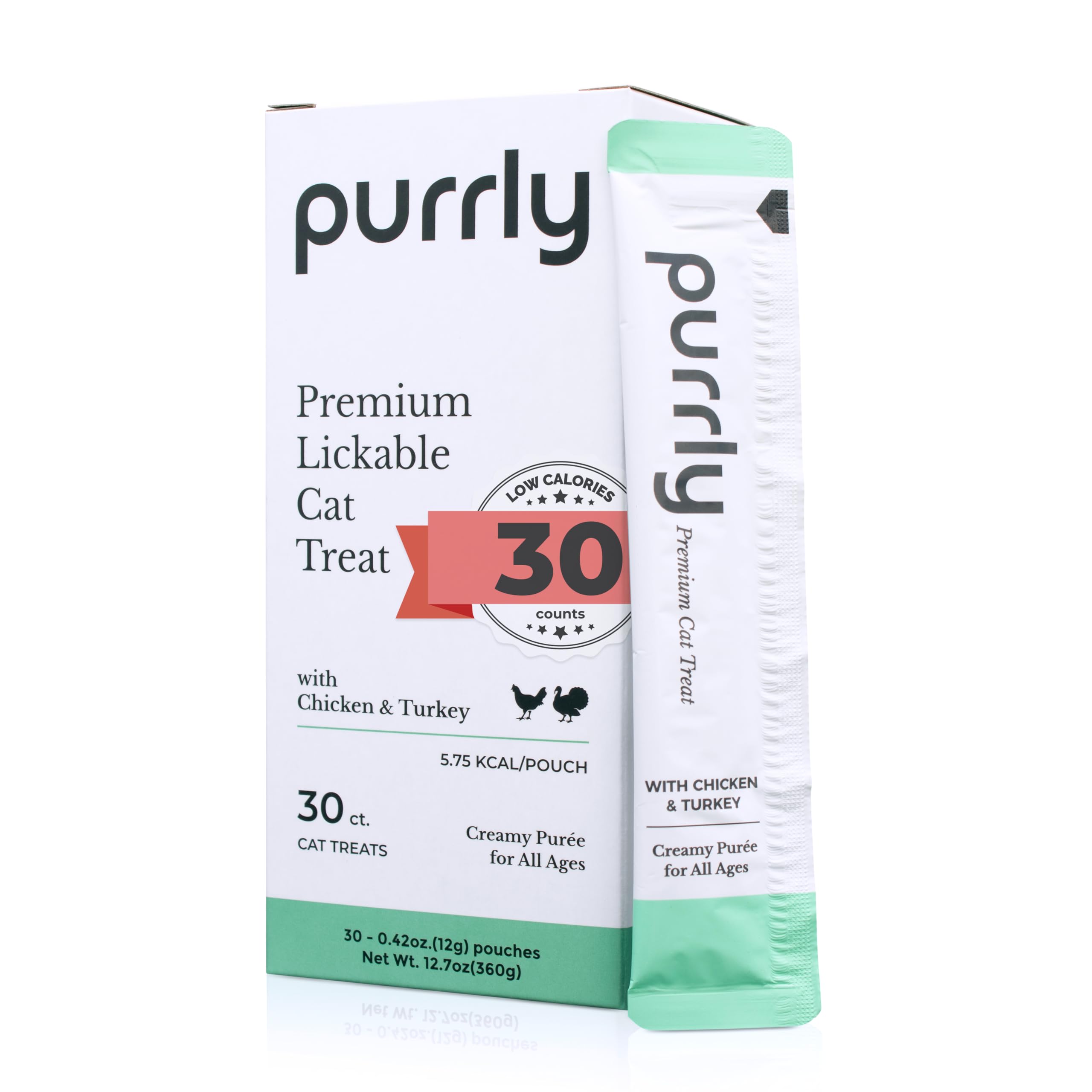 Purrly interactive lickable treats with chicken breast pouch, featuring high-quality protein for cats.