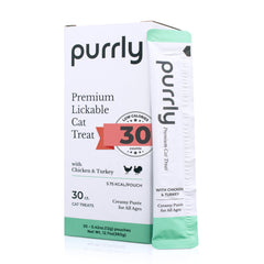 Purrly interactive lickable treats with chicken breast pouch, featuring high-quality protein for cats.