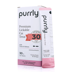 Purrly Squeezable Treats tuna-salmon puree enhances cat protein and flavor.