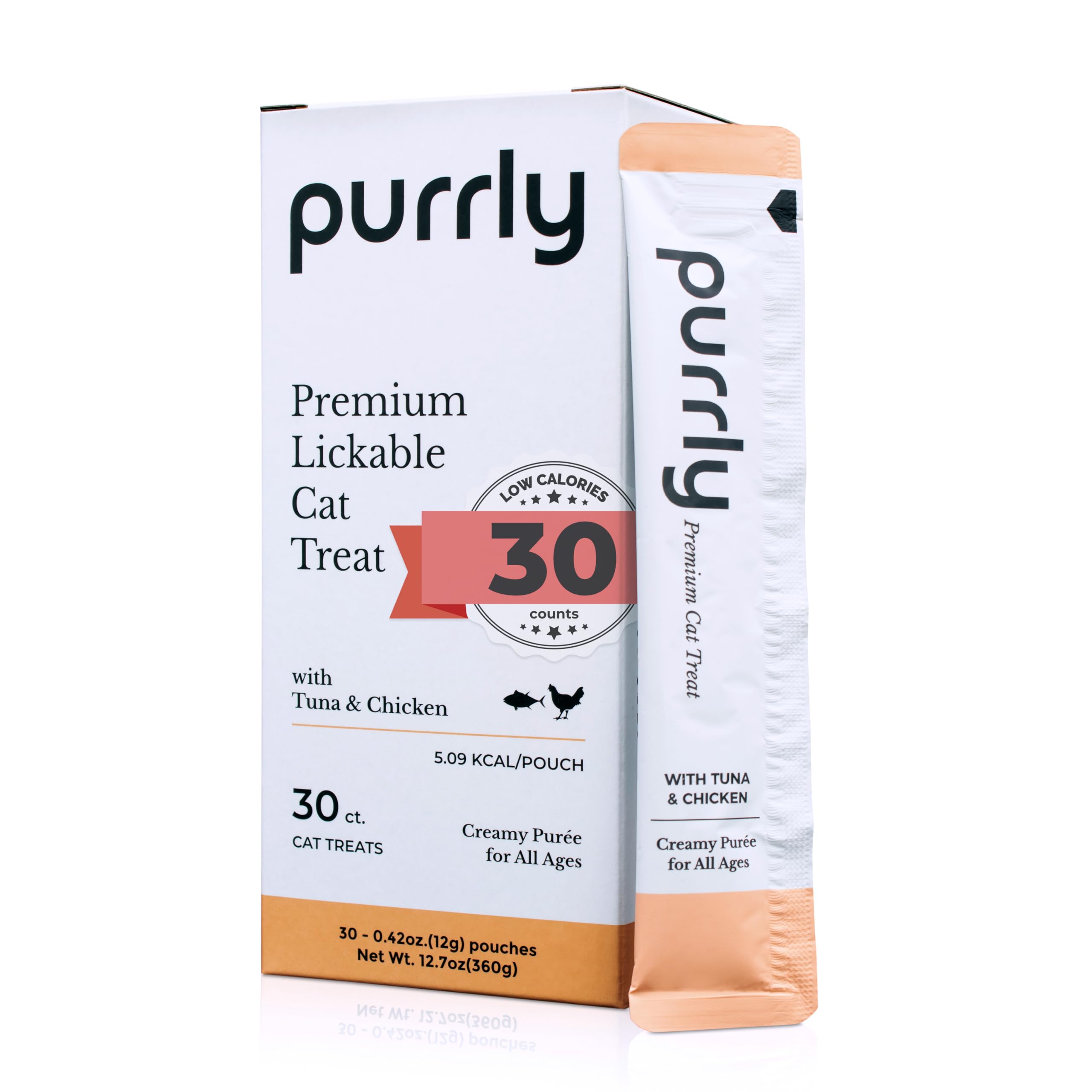Purrly Treat Topper label highlights premium protein and clean ingredients for discerning indoor cats.