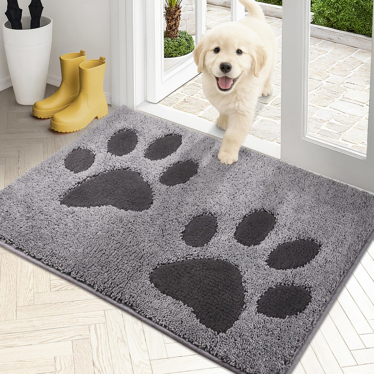 PURRUGS dirt-trapping door mat in grey catching mud and moisture at the entrance