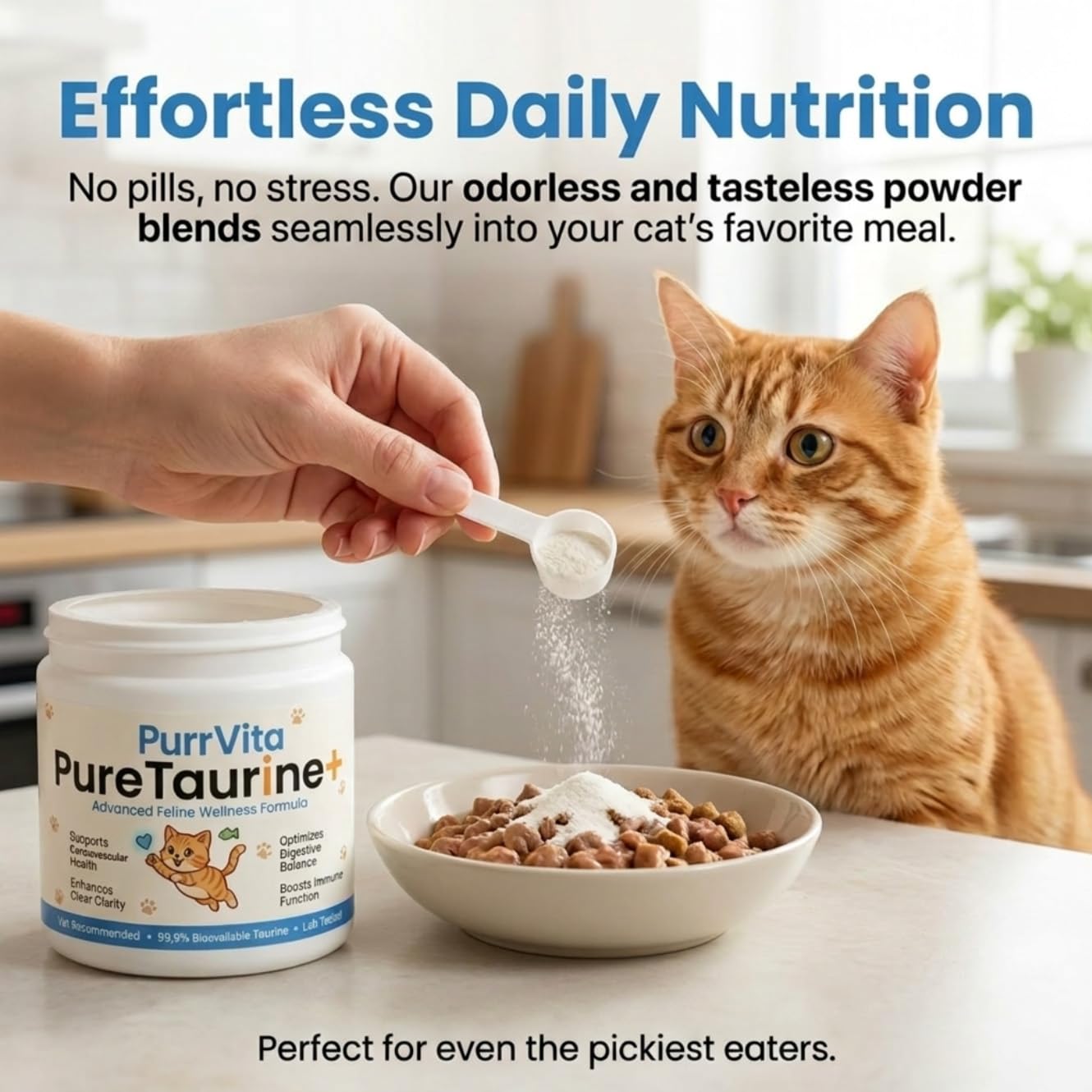 PurrVita Taurine for Cats mixed with kibble for daily feeding