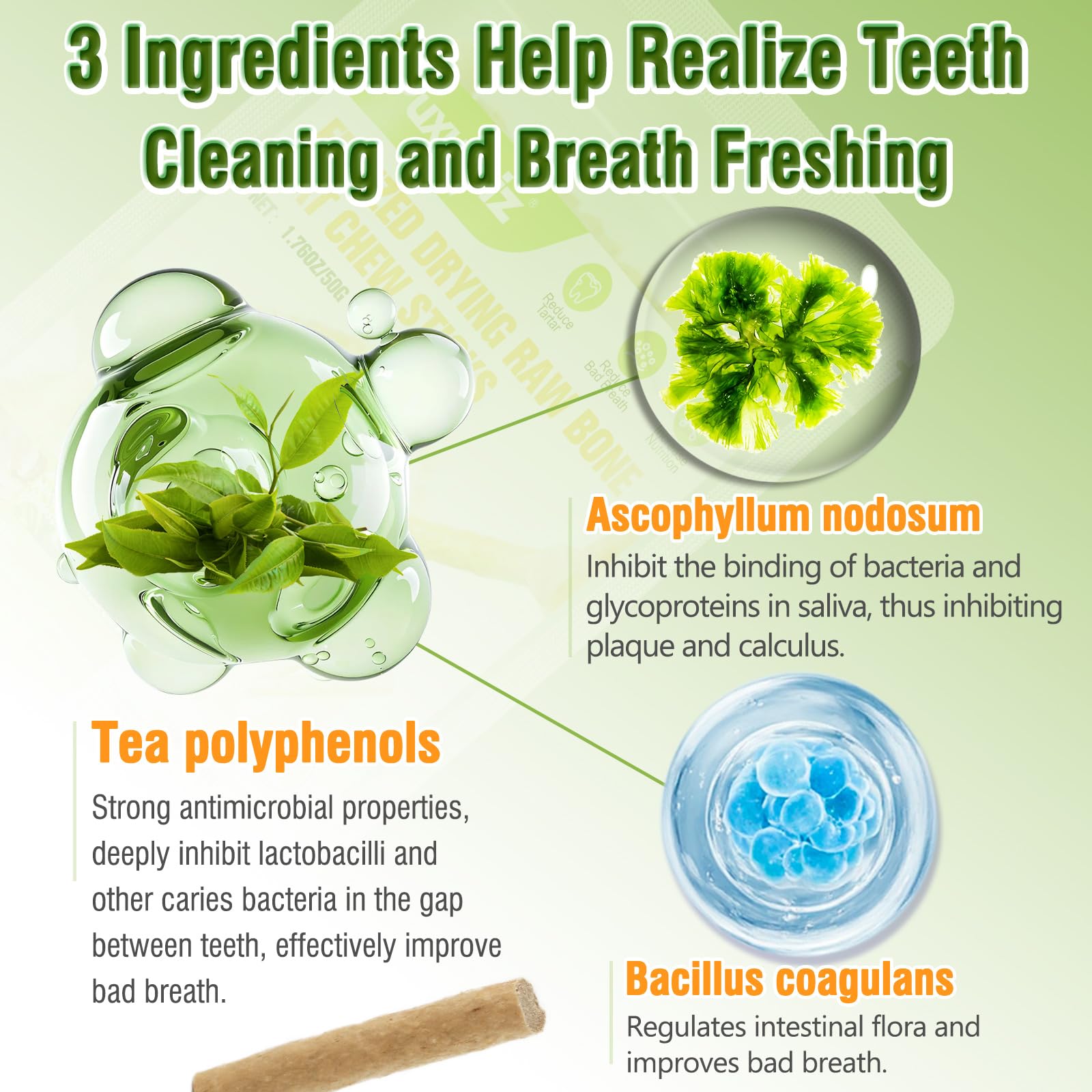 Puxulyiz cat treat close-up highlights breath-freshening probiotic benefits.