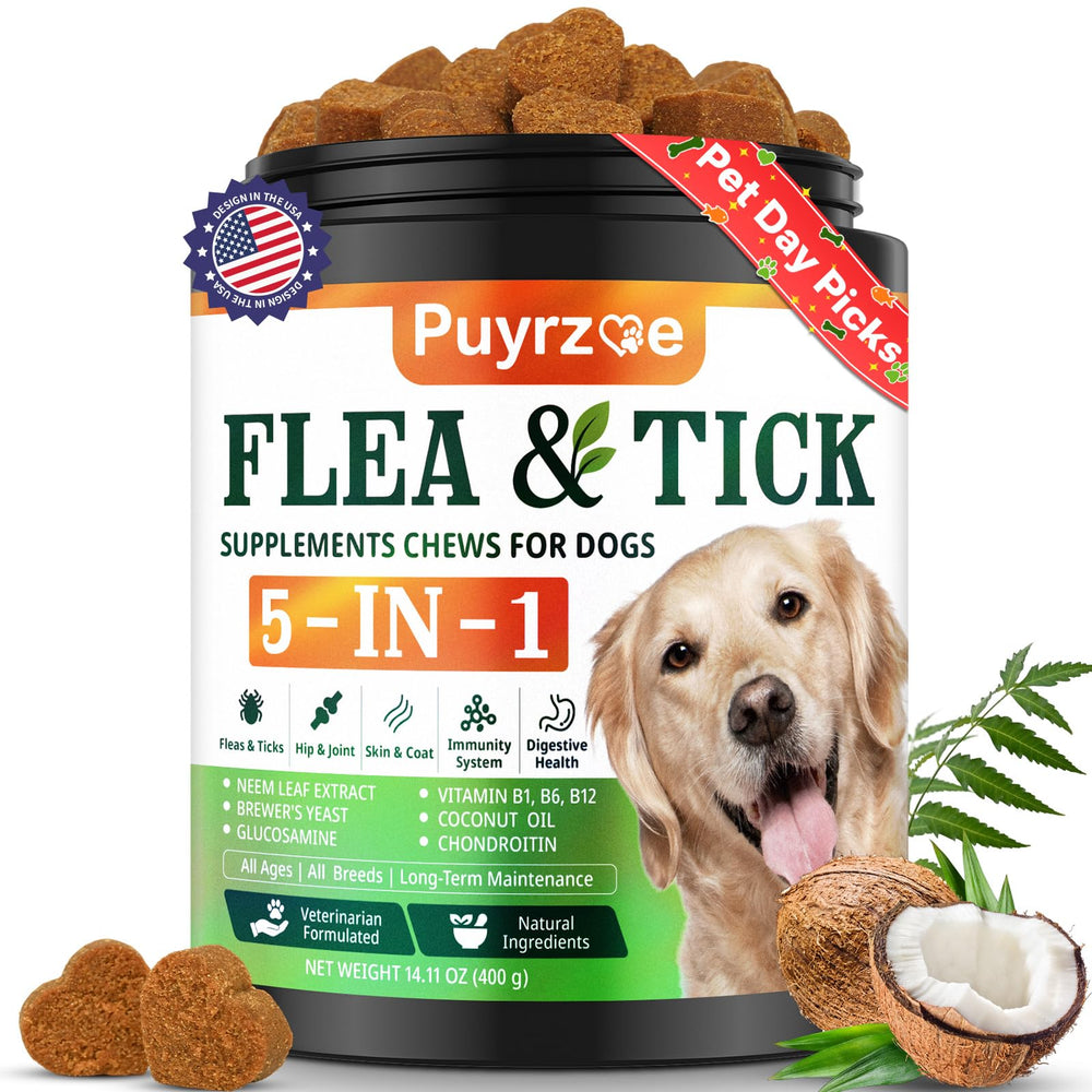 Puyrzoe 5-in-1 chews support natural flea and tick defense for dogs.