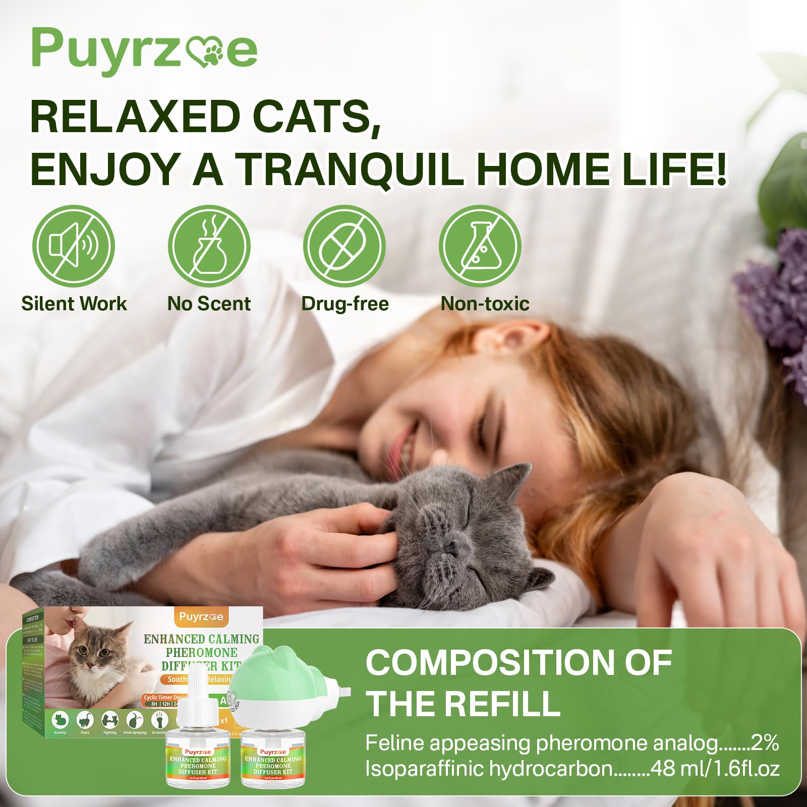 Puyrzoe cat calming diffuser label communicates safety and simple operation.