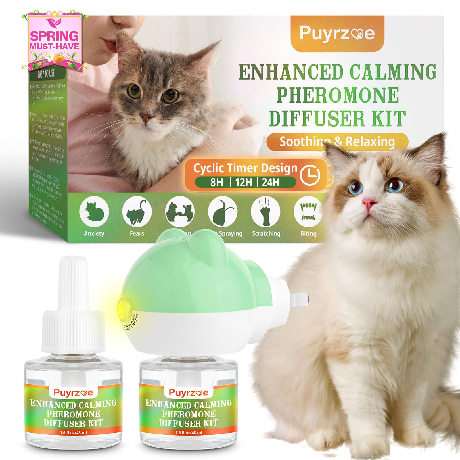Puyrzoe cat calming diffuser front view promotes a calmer cat at home.