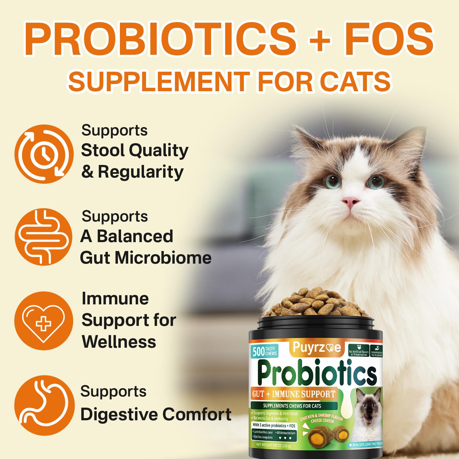 Puyrzoe Cat Probiotics Chews with creamy cheese center, appealing texture for cats.