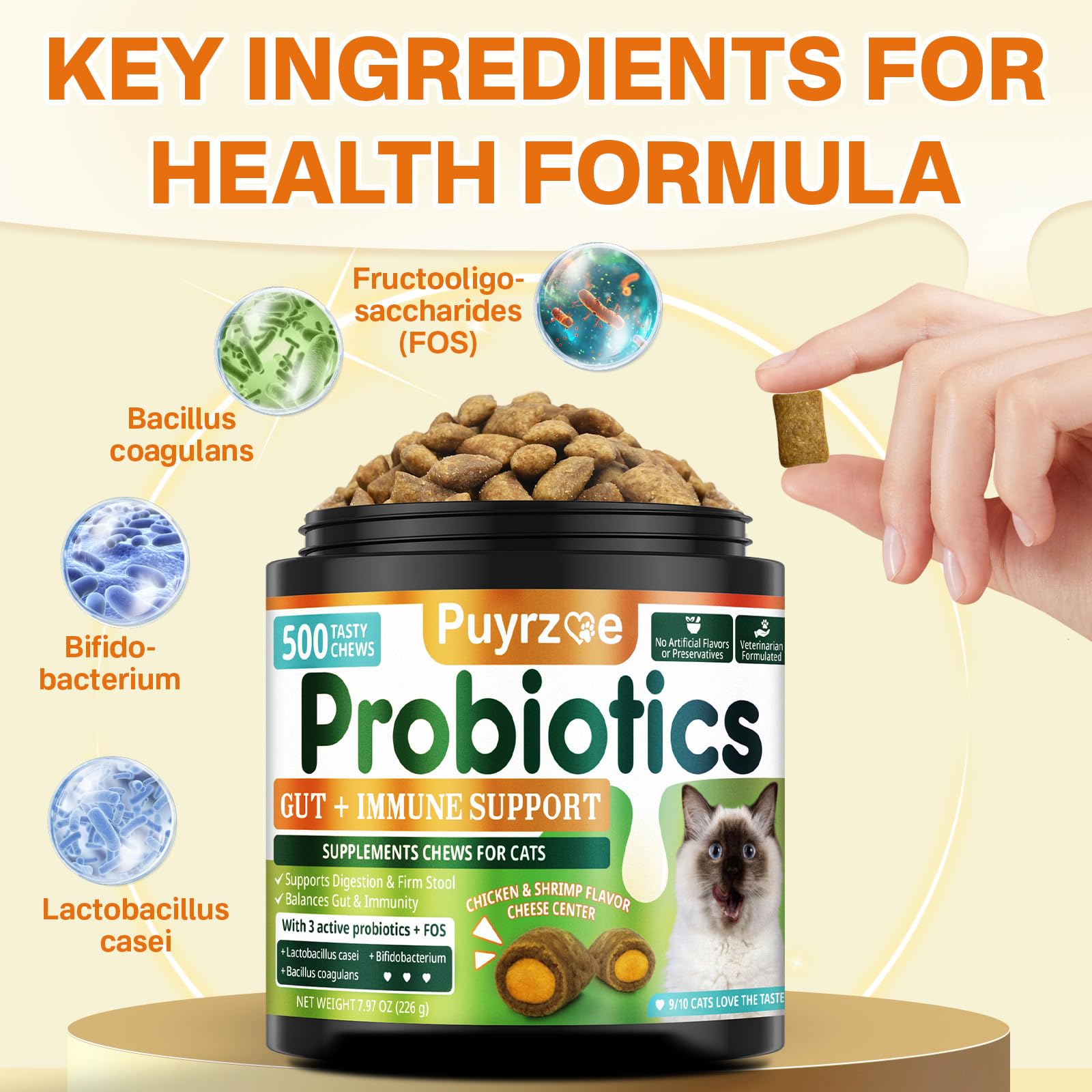 Puyrzoe cat chews shown as easy-feed daily supplementation.