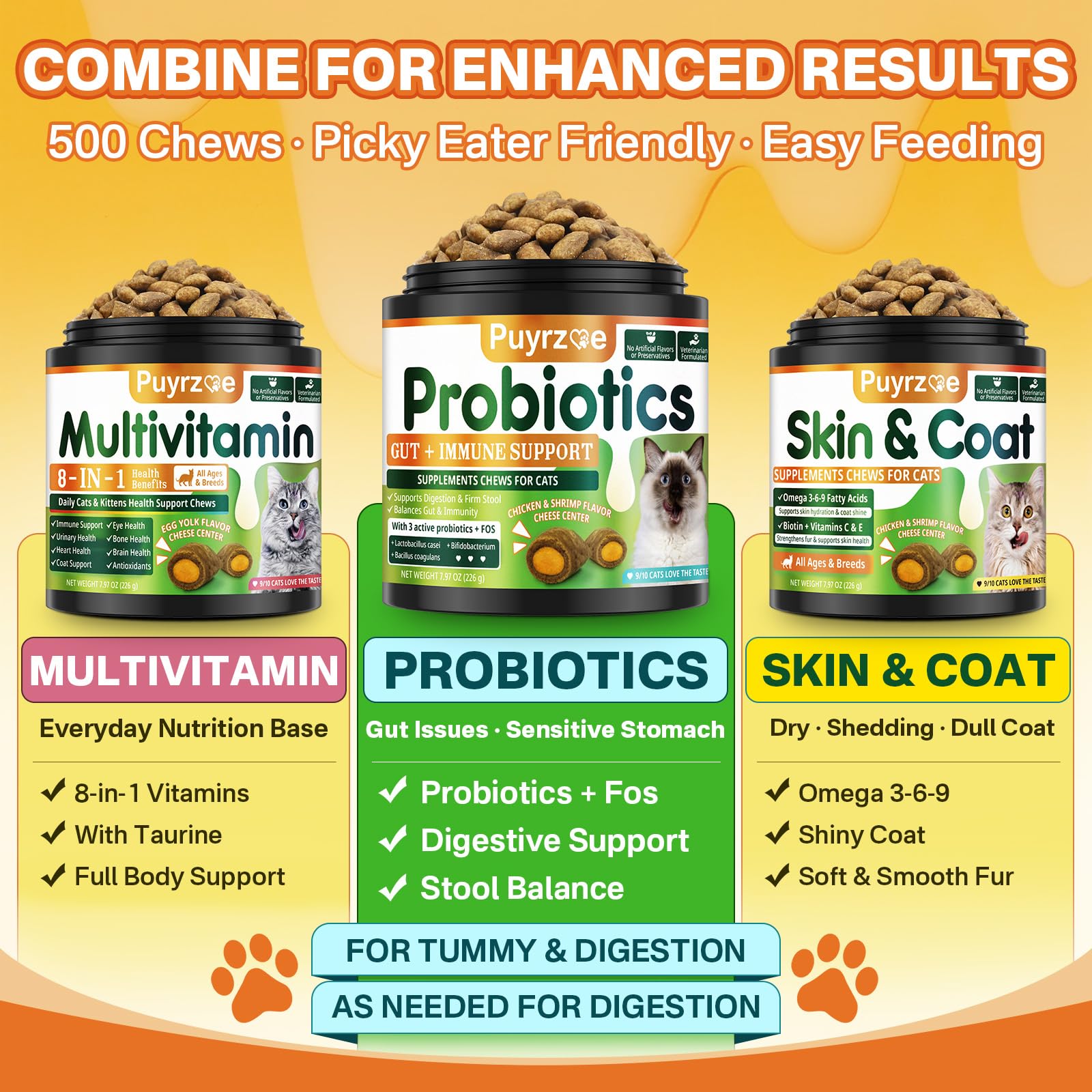 Puyrzoe chews in a multi-cat home demonstrate versatile daily support.