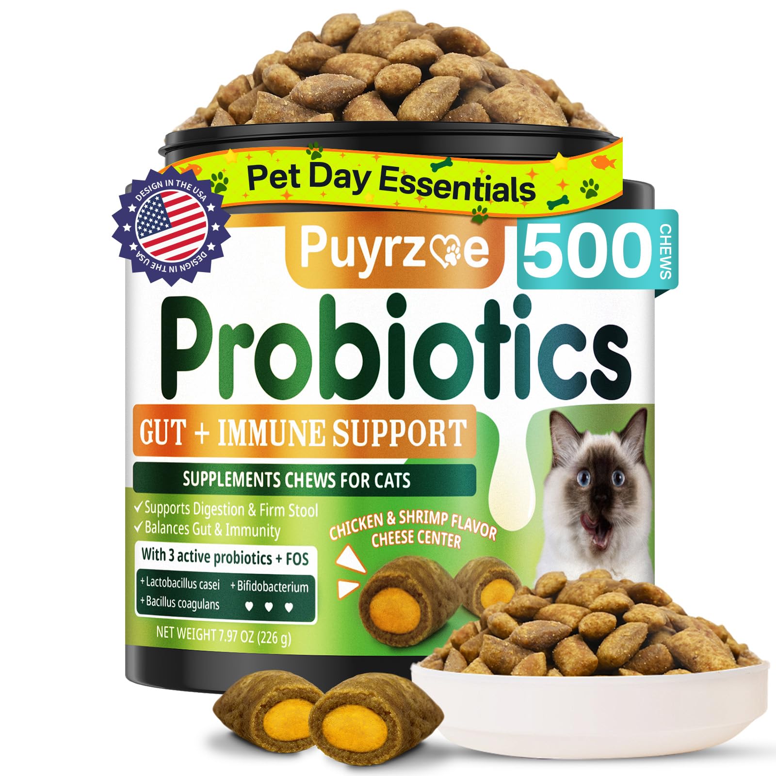 Puyrzoe Cat Probiotics Chews packaging, showcasing daily digestive support for cats.