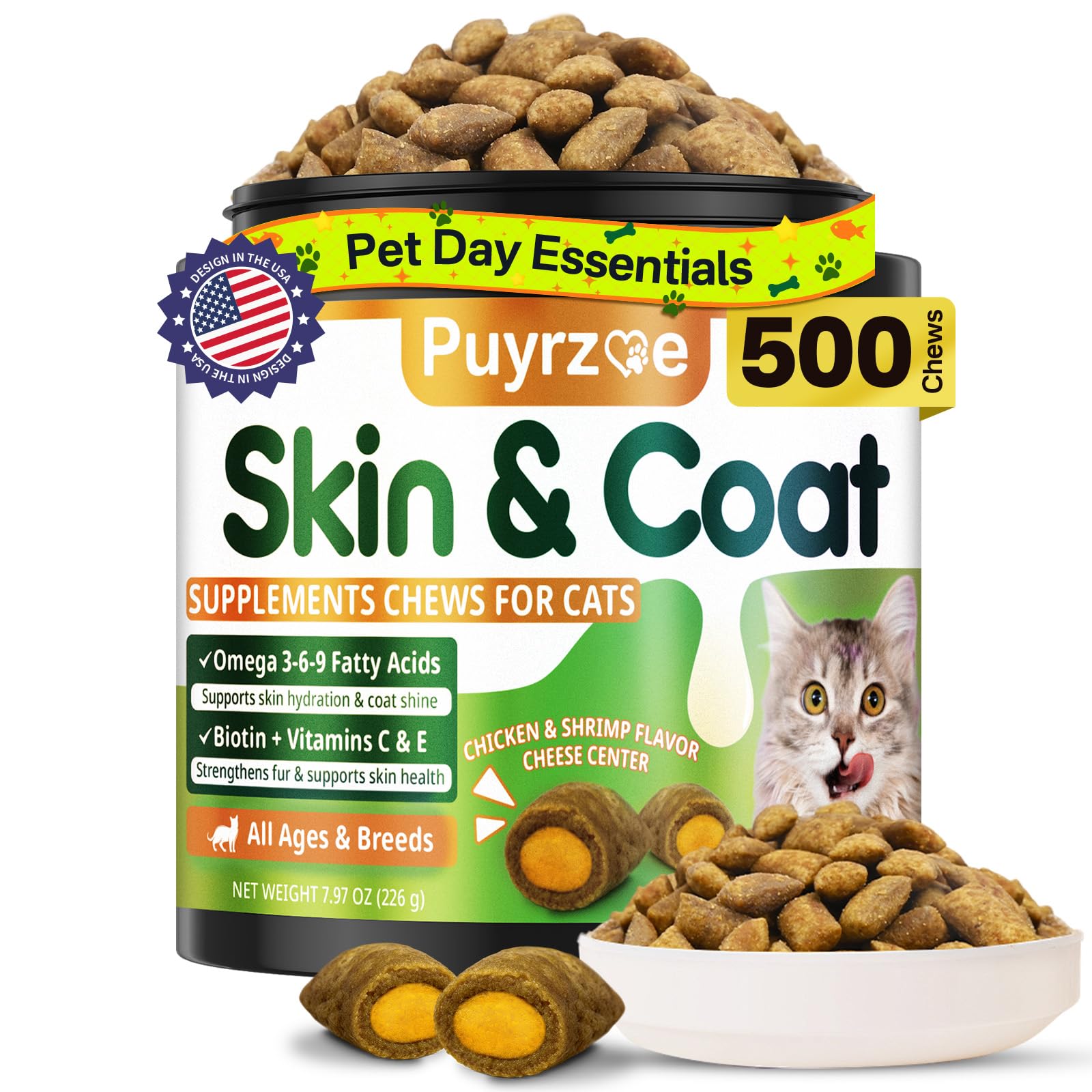 Puyrzoe Cat Skin and Coat chews bottle pour boosts omega for coat health