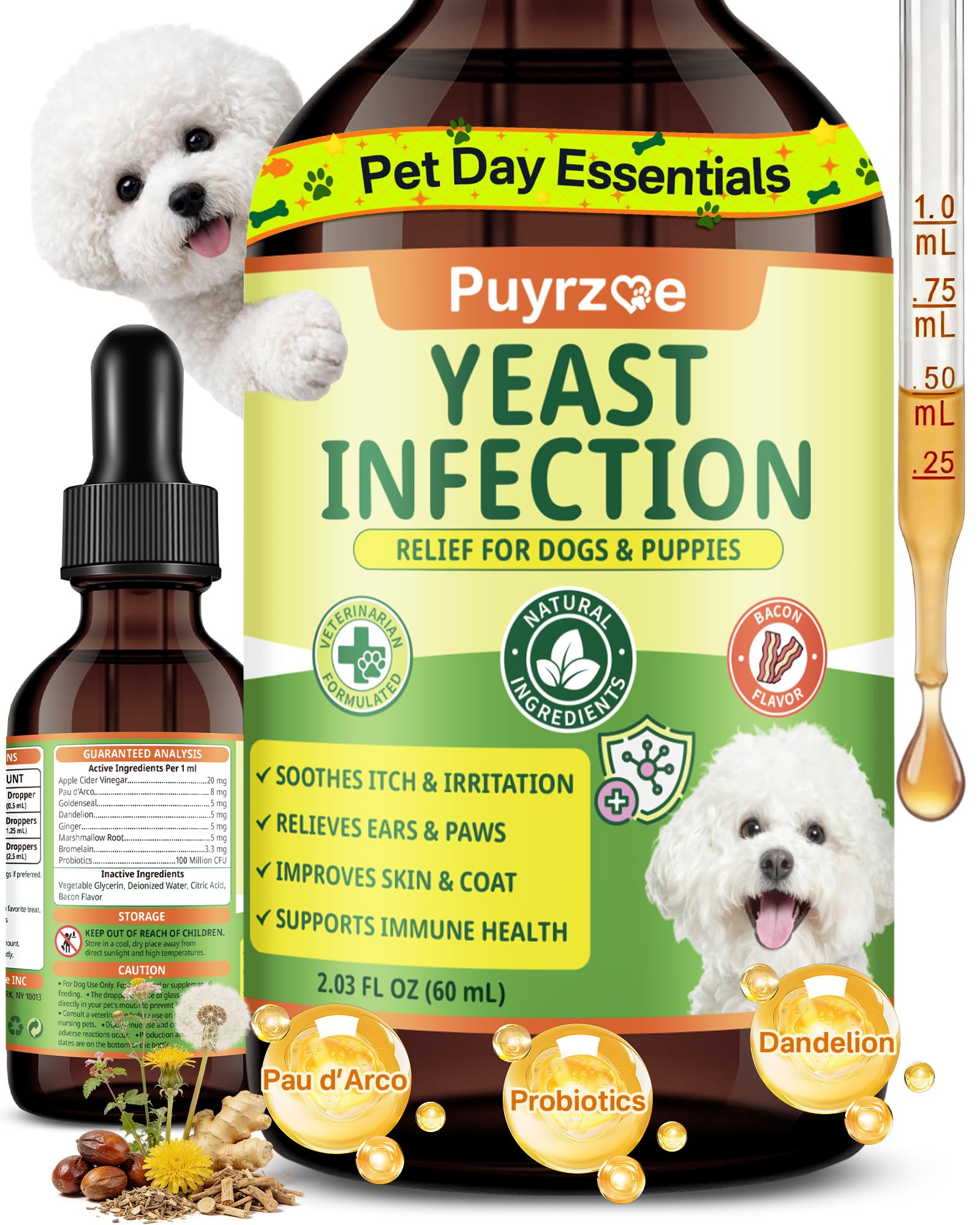 Puyrzoe natural yeast treatment for dogs bottle pour for easy daily dosing.