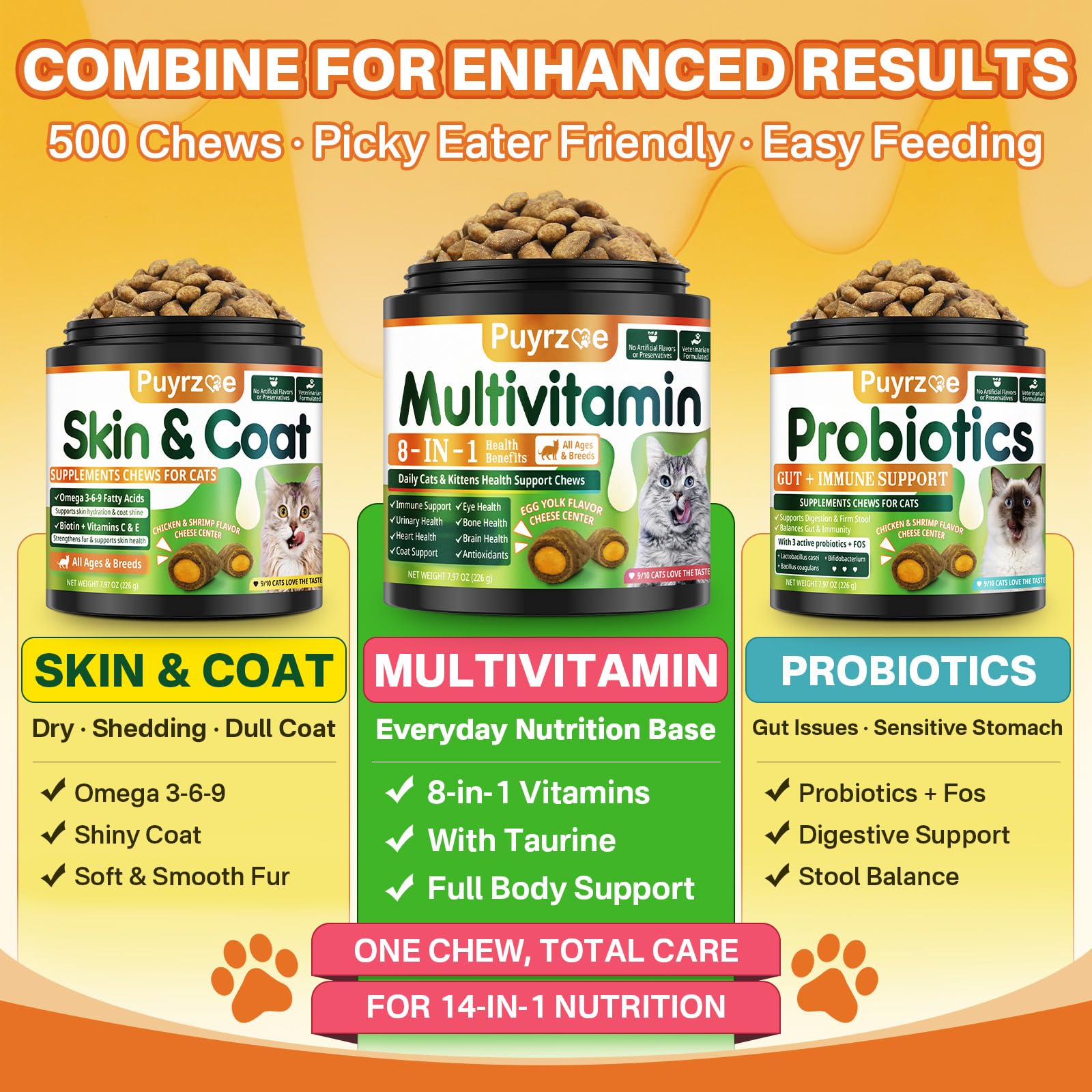 Puyrzoe taurine-boosted cat vitamins for heart and eyes.