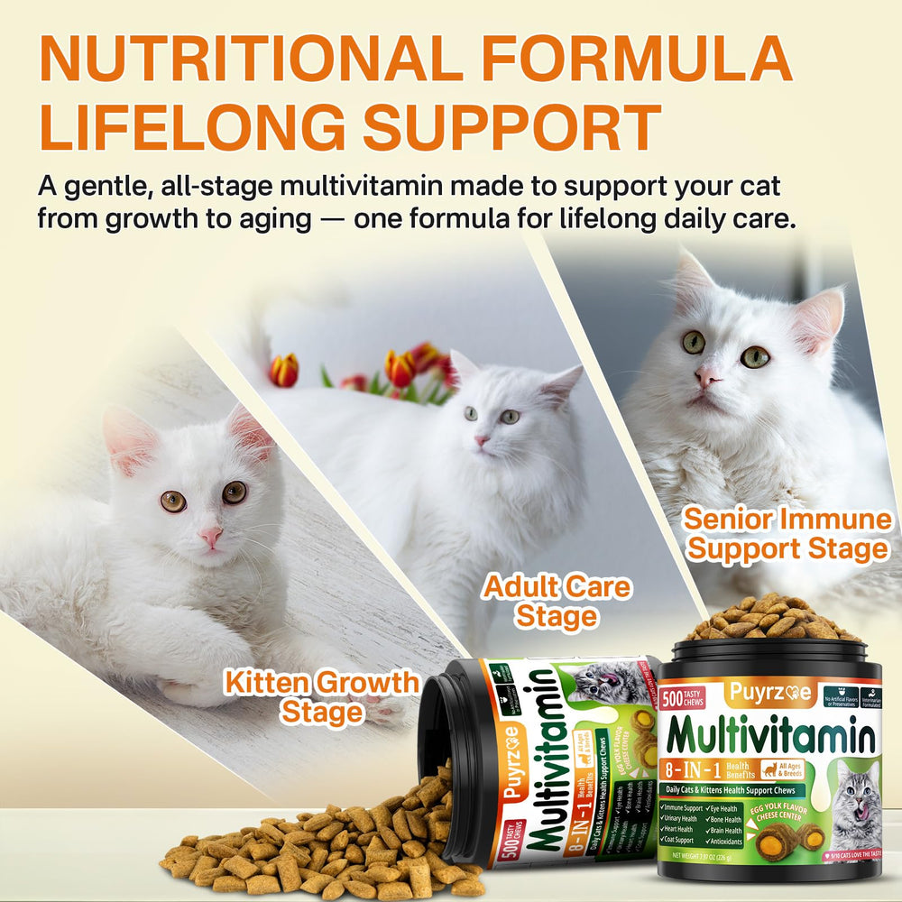 Puyrzoe vitamins bottle shows 500 chews for multi-cat households.