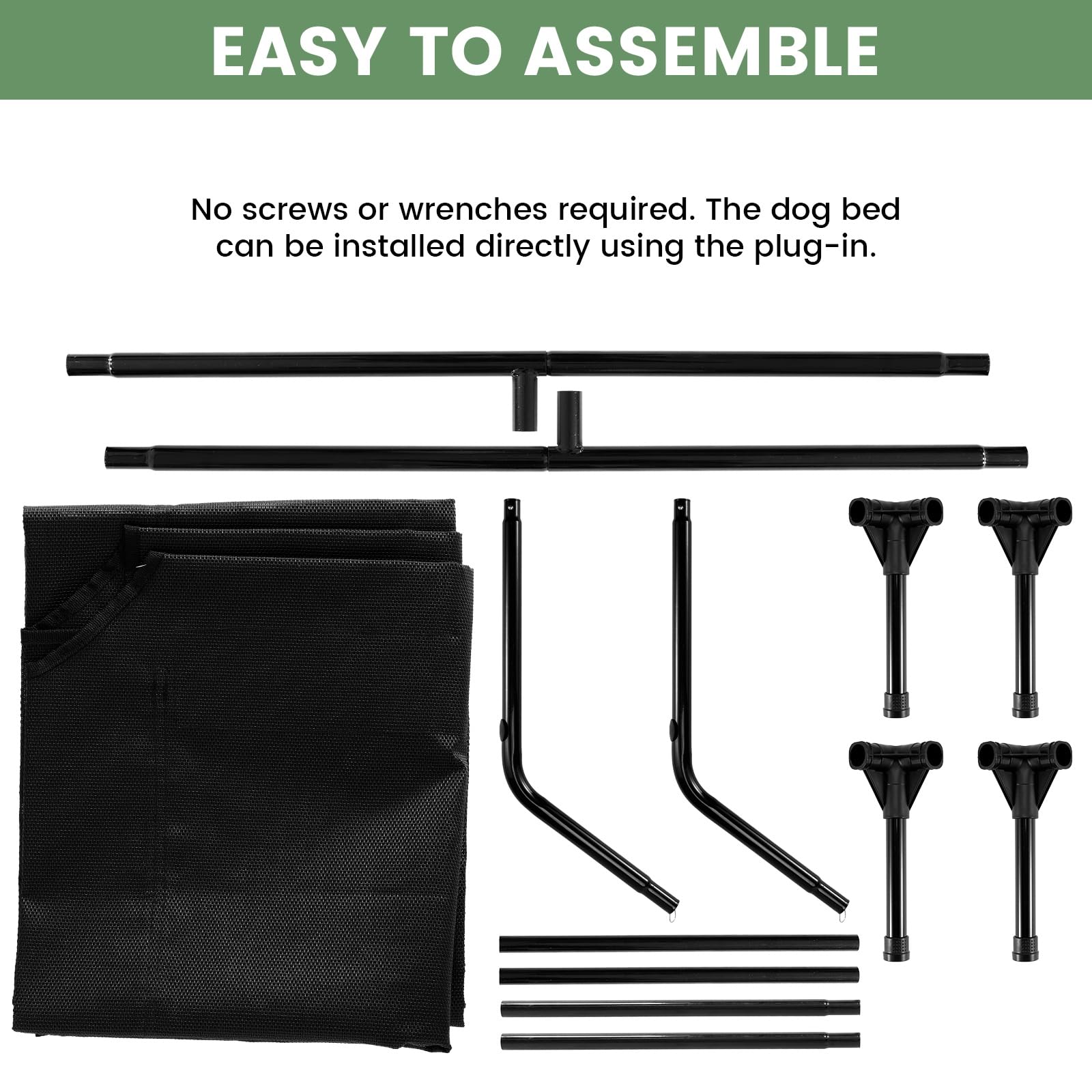 PVY Elevated Dog Bed easy-assembly view emphasizes tool-free setup