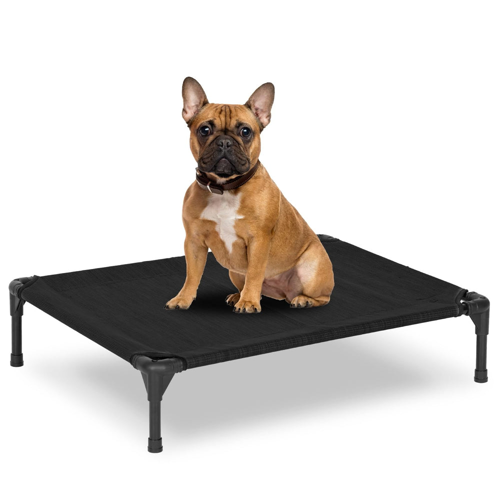 PVY elevated dog bed outdoor 32x25 in black promotes sturdy outdoor comfort.