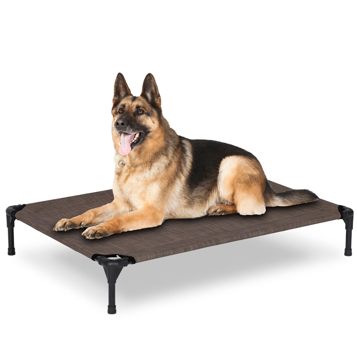 PVY elevated dog bed outdoor 42x30 brown offers sturdy frame for large breed comfort.