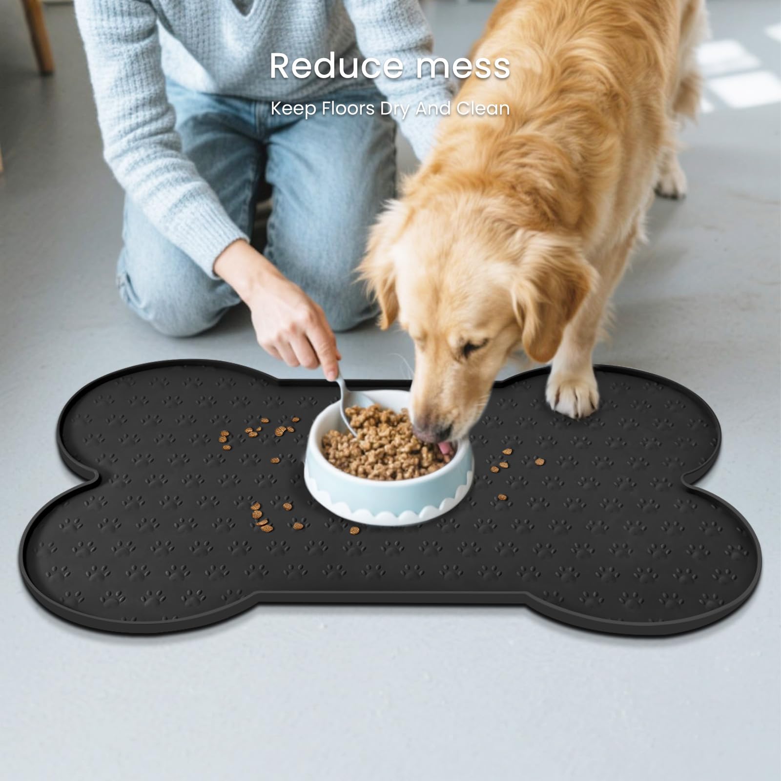 PWTAA dog food mat with two bowls stays stable during meals.