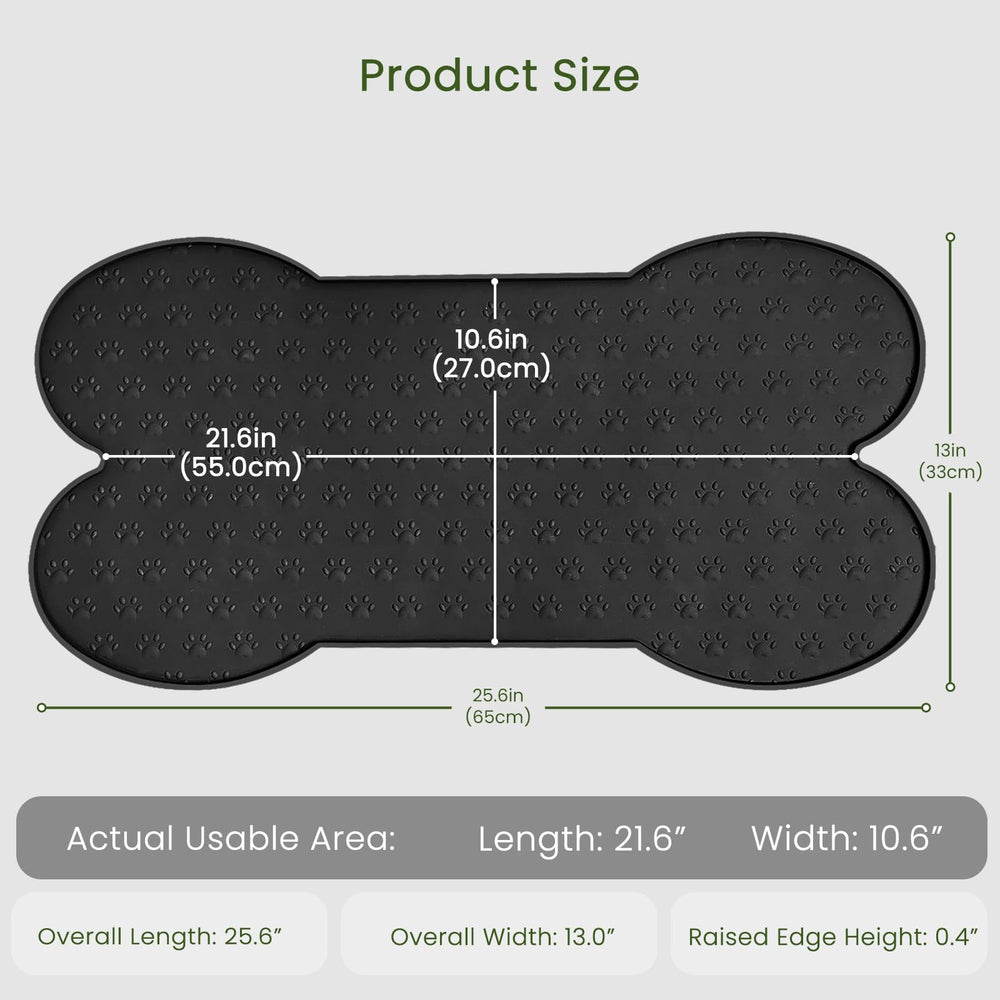 PWTAA dog food mat raised edge contains spills and drips.