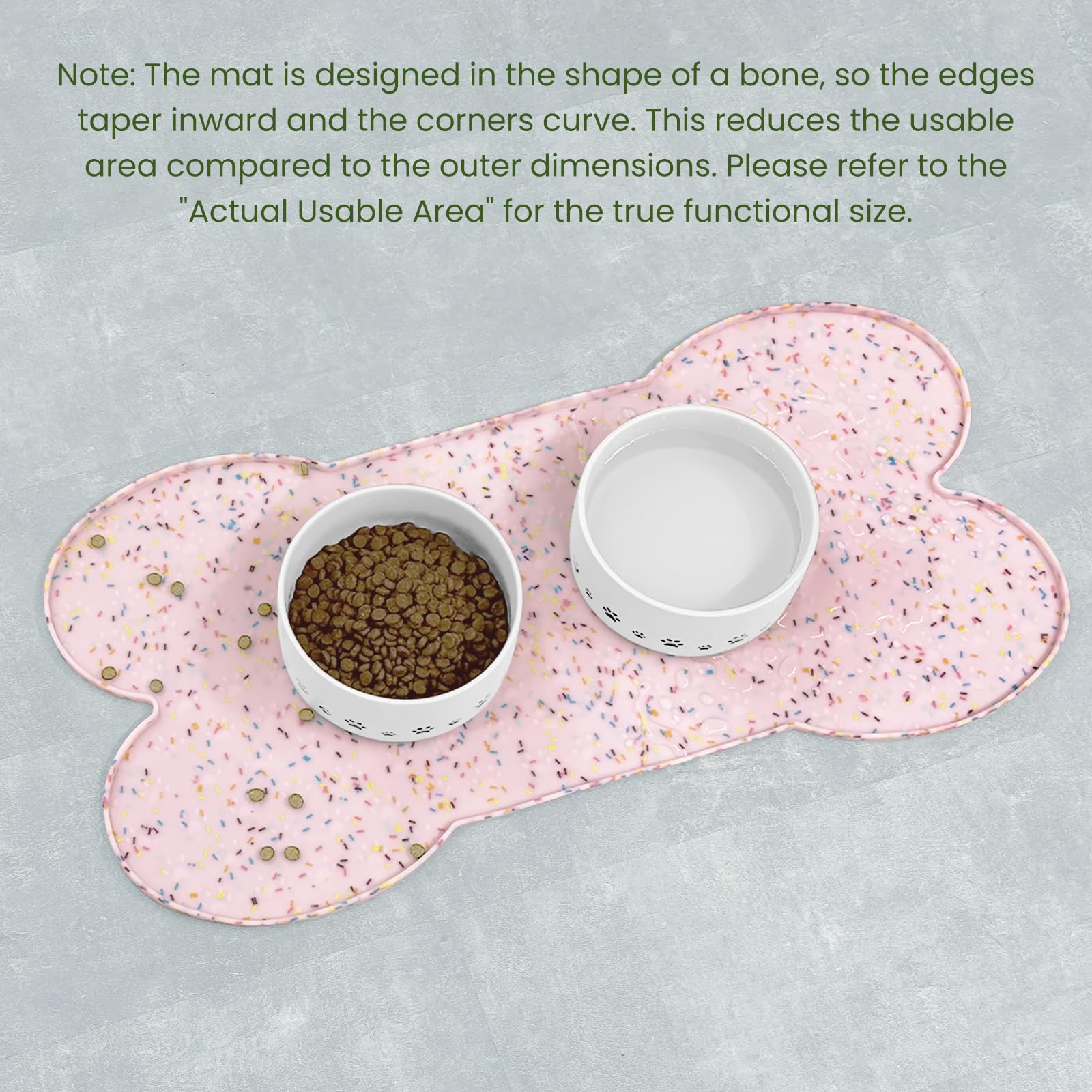 PWTAA two-bowls fit mat sized 25.6 by 13 inches for two bowls.