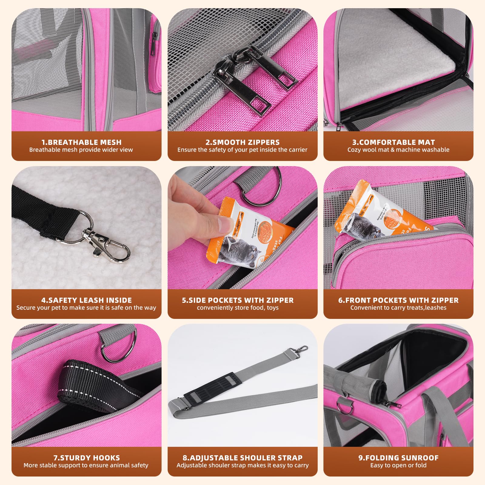 PYKESALY cat carrier storage pockets for treats and toys on the go.