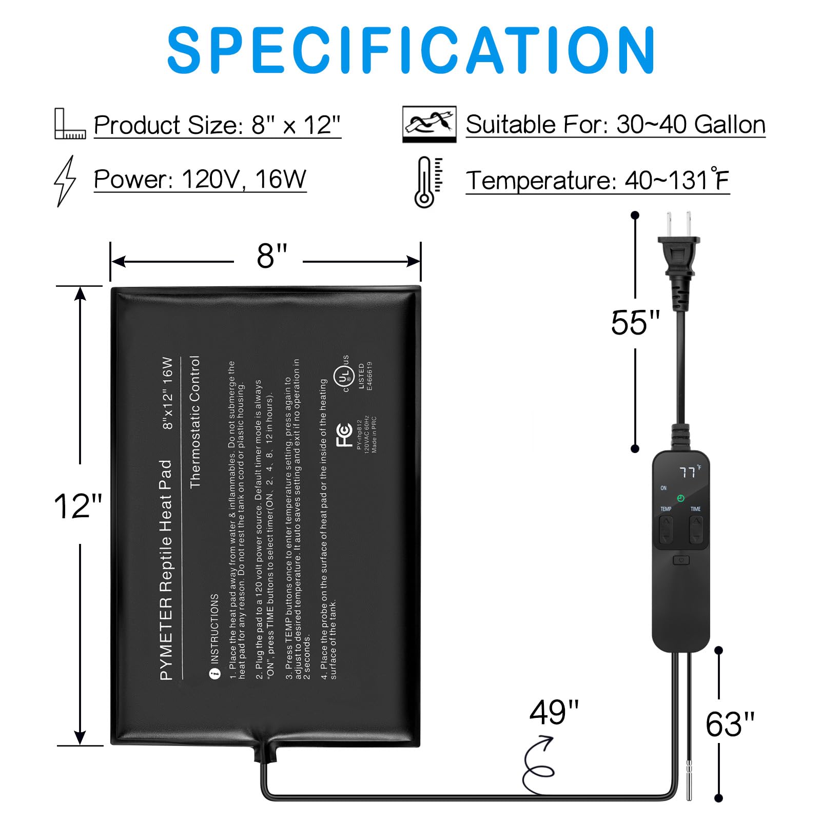 Pymeter under-tank heater 8x12 in use under glass terrarium