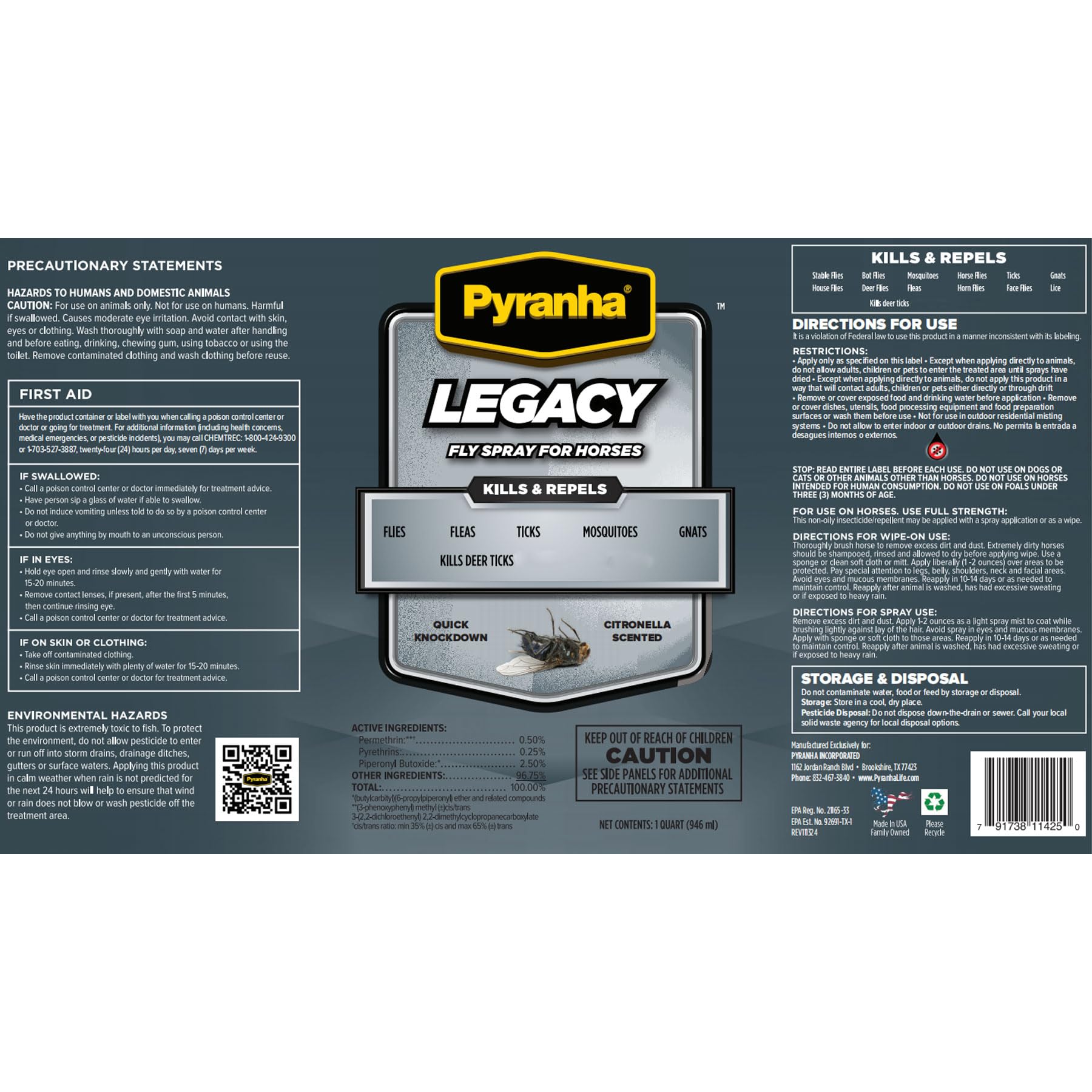 Pyranha Legacy Fly Spray applied to horse coat for extended repellence.