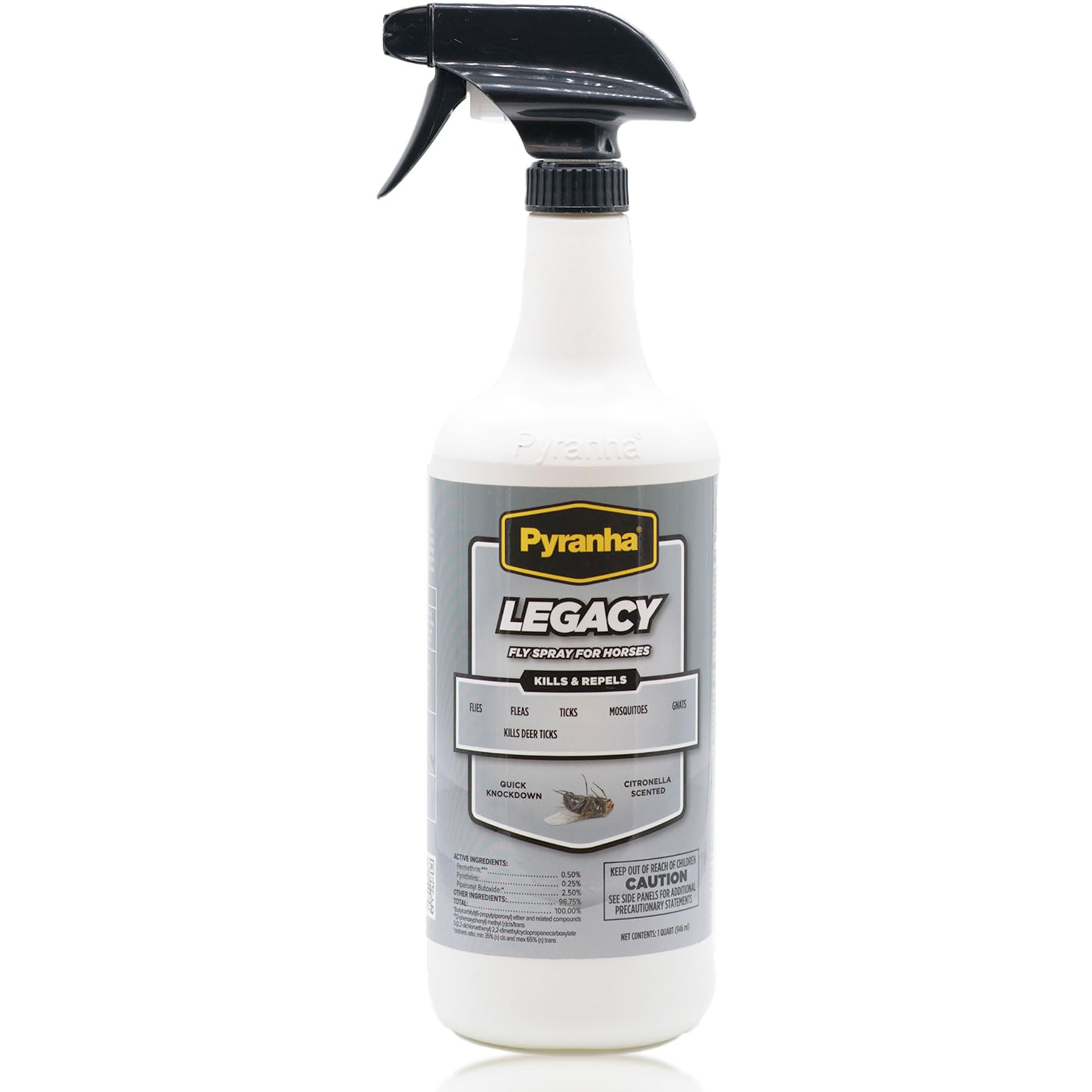 Pyranha Legacy Fly Spray bottle ready for outdoor use, offering long-lasting protection.