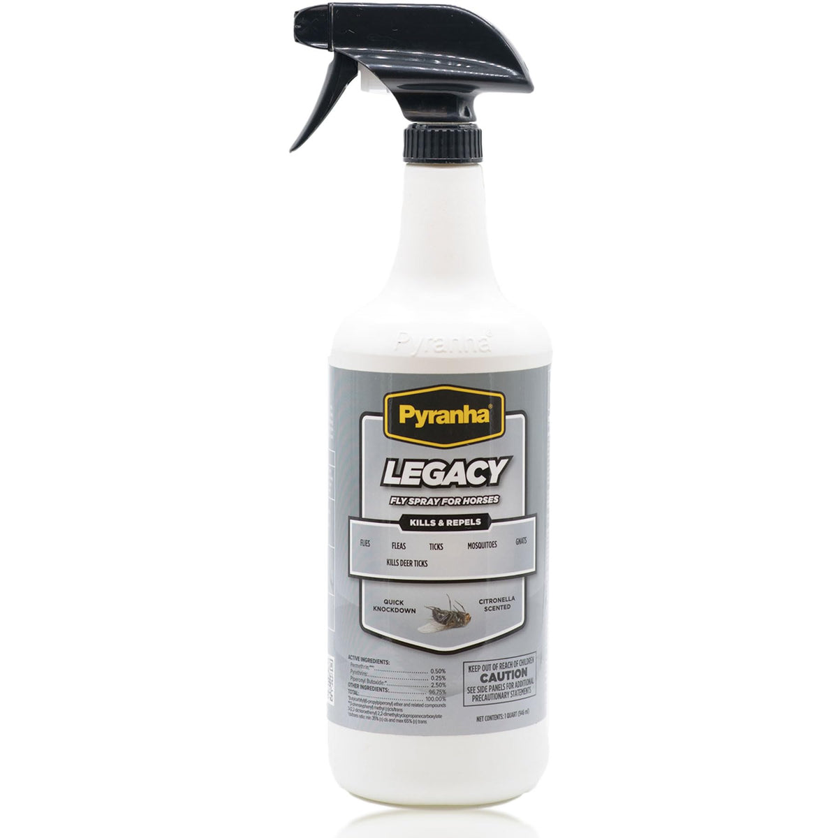 Pyranha Legacy Fly Spray bottle ready for outdoor use, offering long-lasting protection.