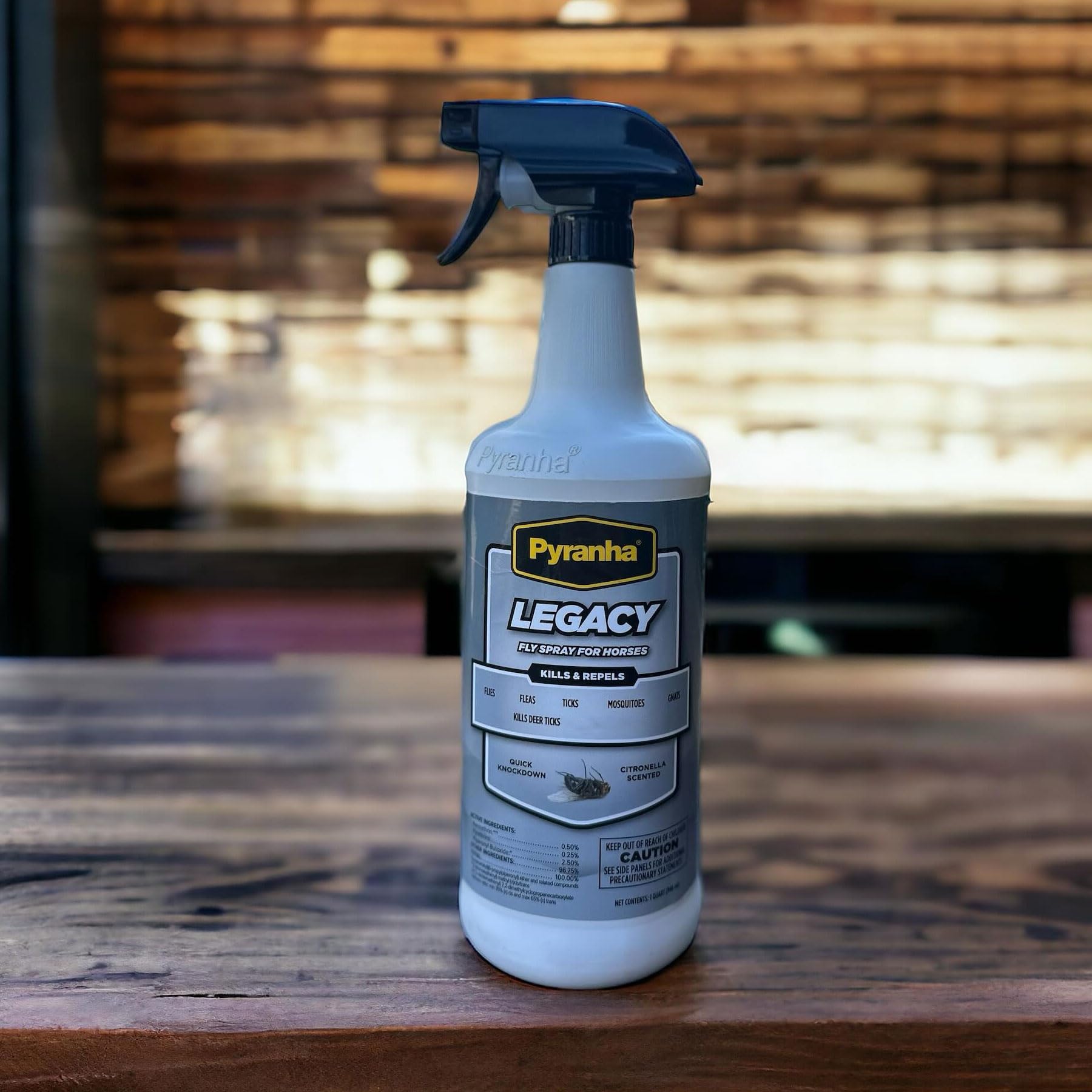 Pyranha Legacy Fly Spray used outdoors during training and shows.